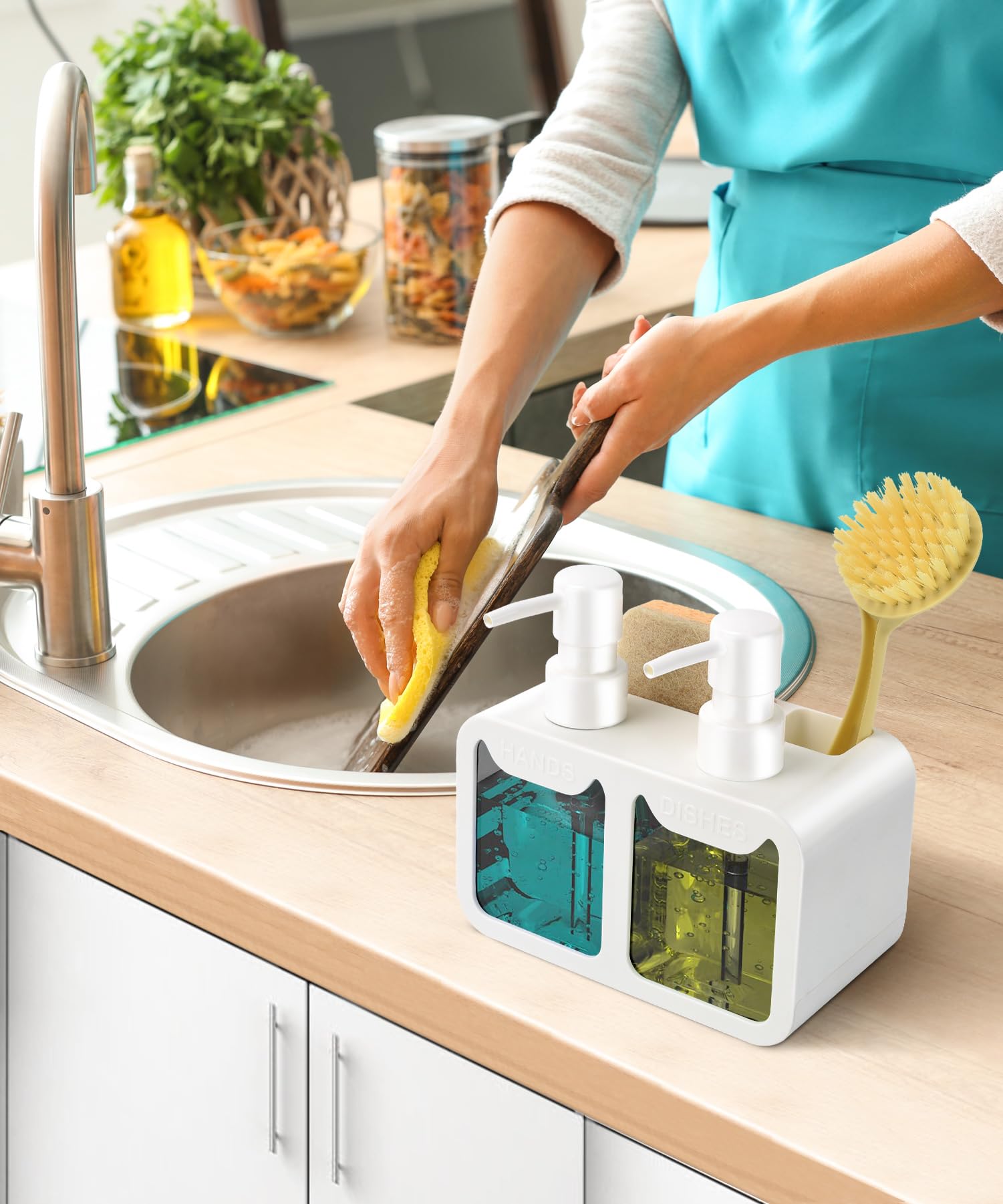 Kitchen Hand Soap and Dish Soap Dispenser Set  Dual Soap Dispenser with Sponge Caddy and Brush Holder 4-in-1 Organizer for Kitchen Sink Countertop  Useful Kitchen Gadgets - White