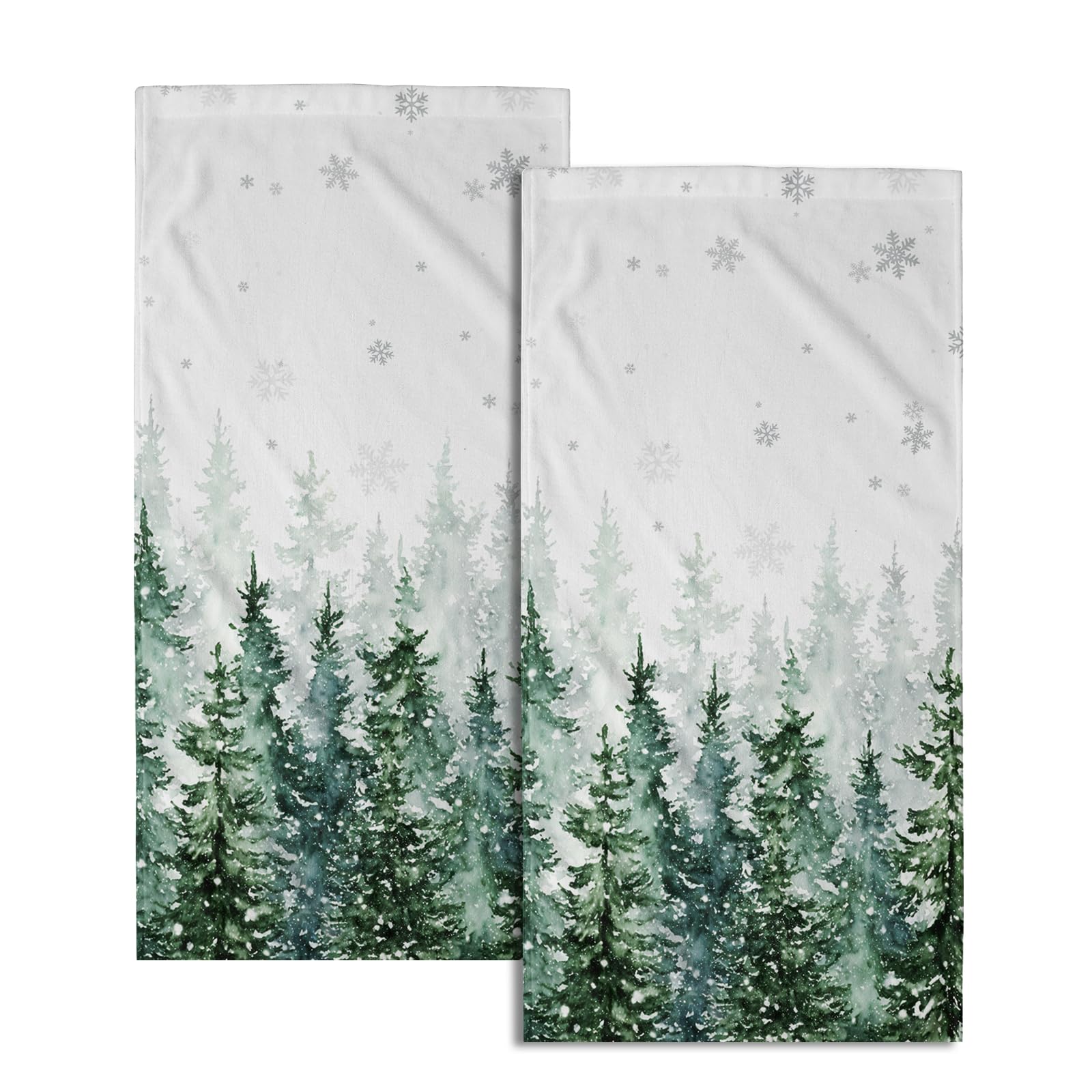Winter Green Forest Hand Towels For Bathroom Christmas Kitchen Towels Set Of 2 Green Xmas Tree Snowflake Dish Towels 14X28In Win