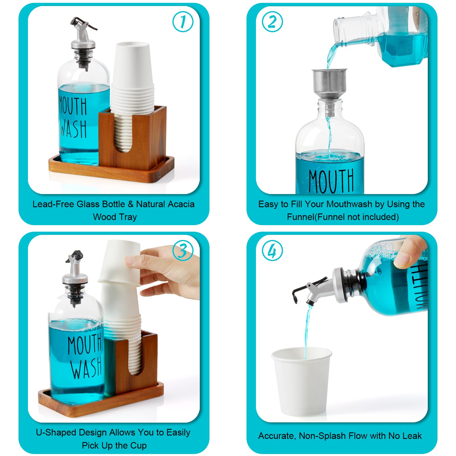Mouthwash Dispenser For Bathroom, 16 Oz Glass Mouthwash Dispenser With Pour Spout And Acacia Wood Cup Holder And Tray, Mouth Was
