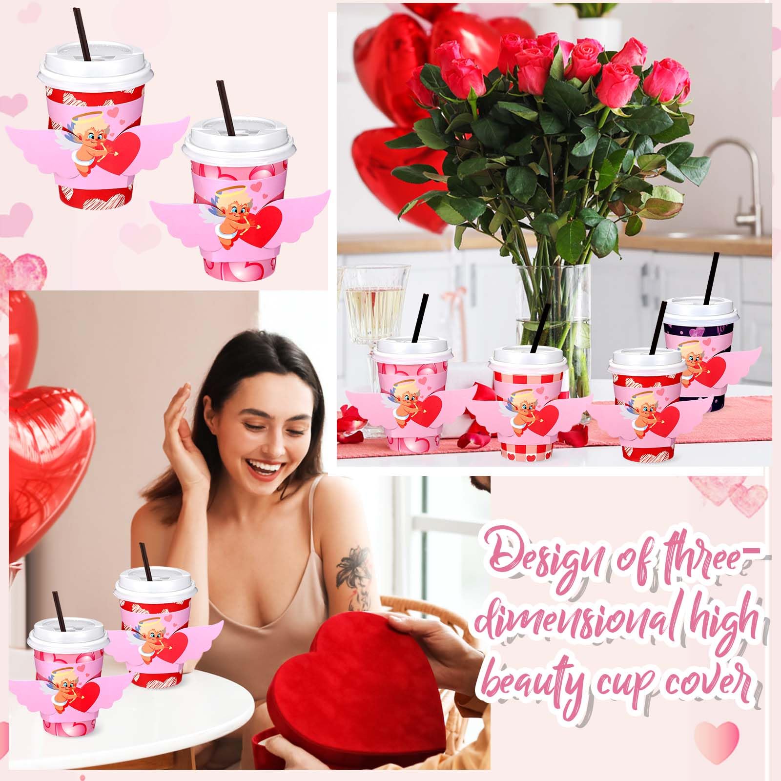 Lallisa 100 Sets Valentine'S Day Coffee Paper Cups Disposable With Lids Straws, Sleeve 12 Oz Holiday Lovely Love For Hot Cocoa T