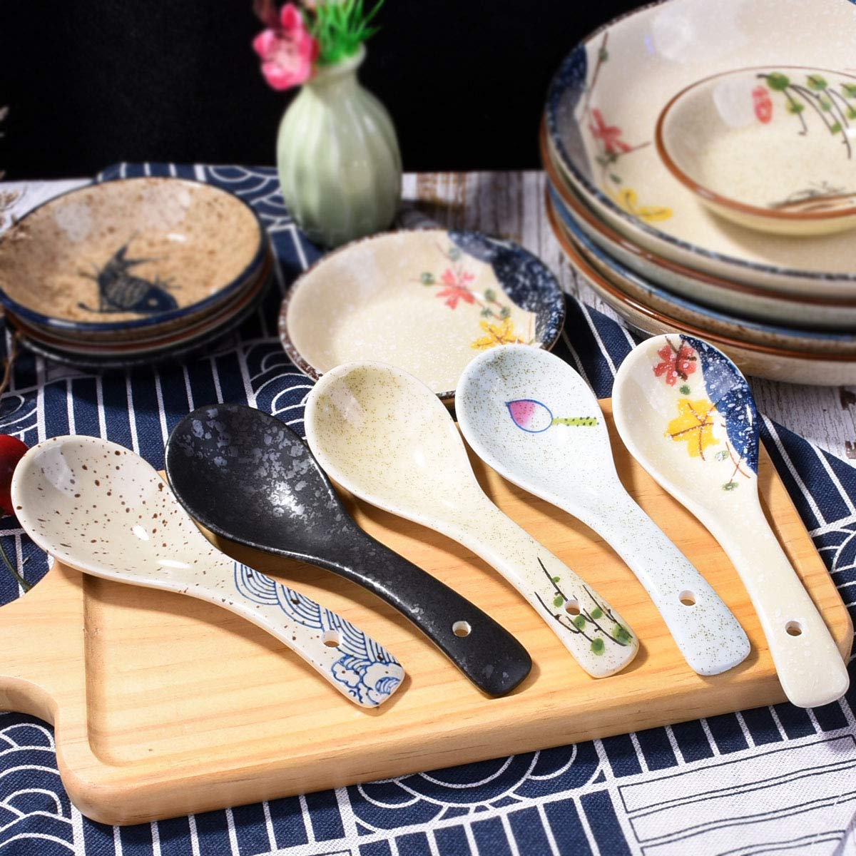 Whitenesser Japanese Soup Spoons Set of 5, Gray Ceramic Ramen Spoons for Gravy, Pho, Dumplings, and Salad