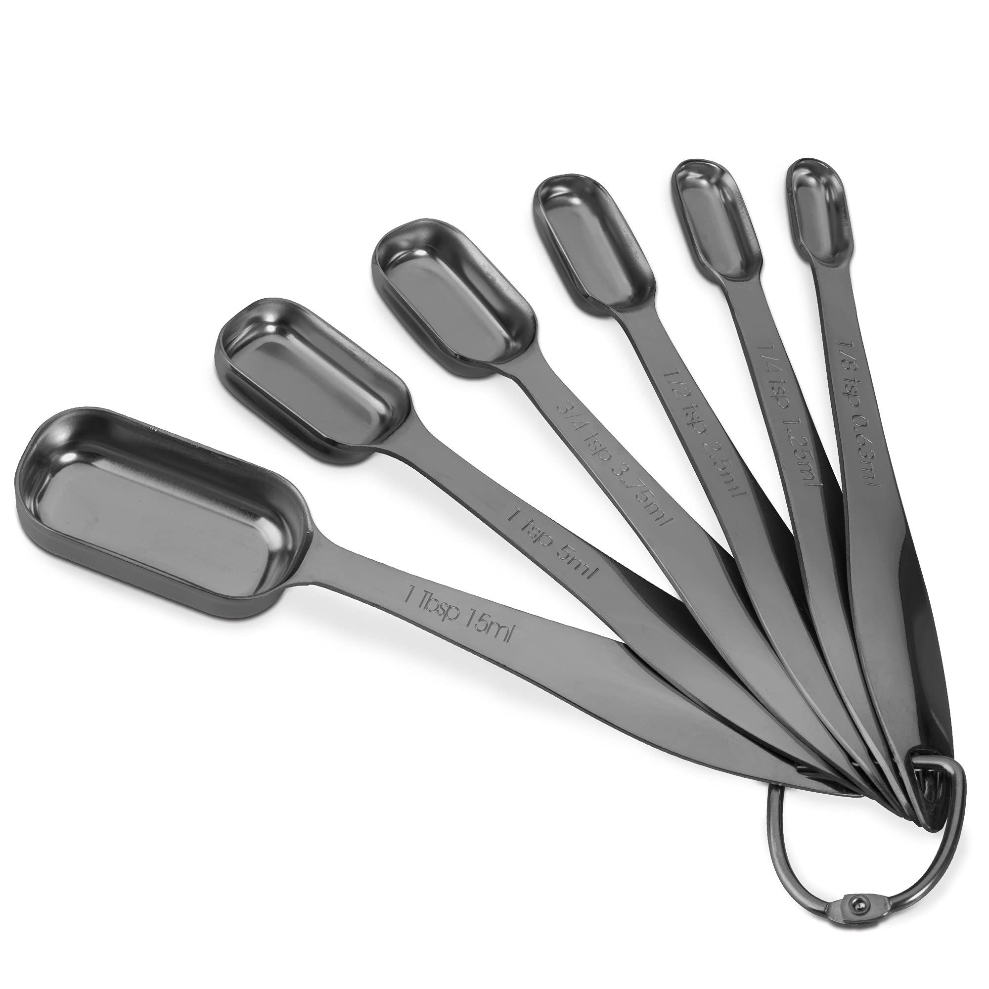 Accurate 18/8 Stainless Steel Measuring Spoons, Heavy Duty Good Handle Set Of 6 Measuring Spoon With Ring Connector, Dark Grey