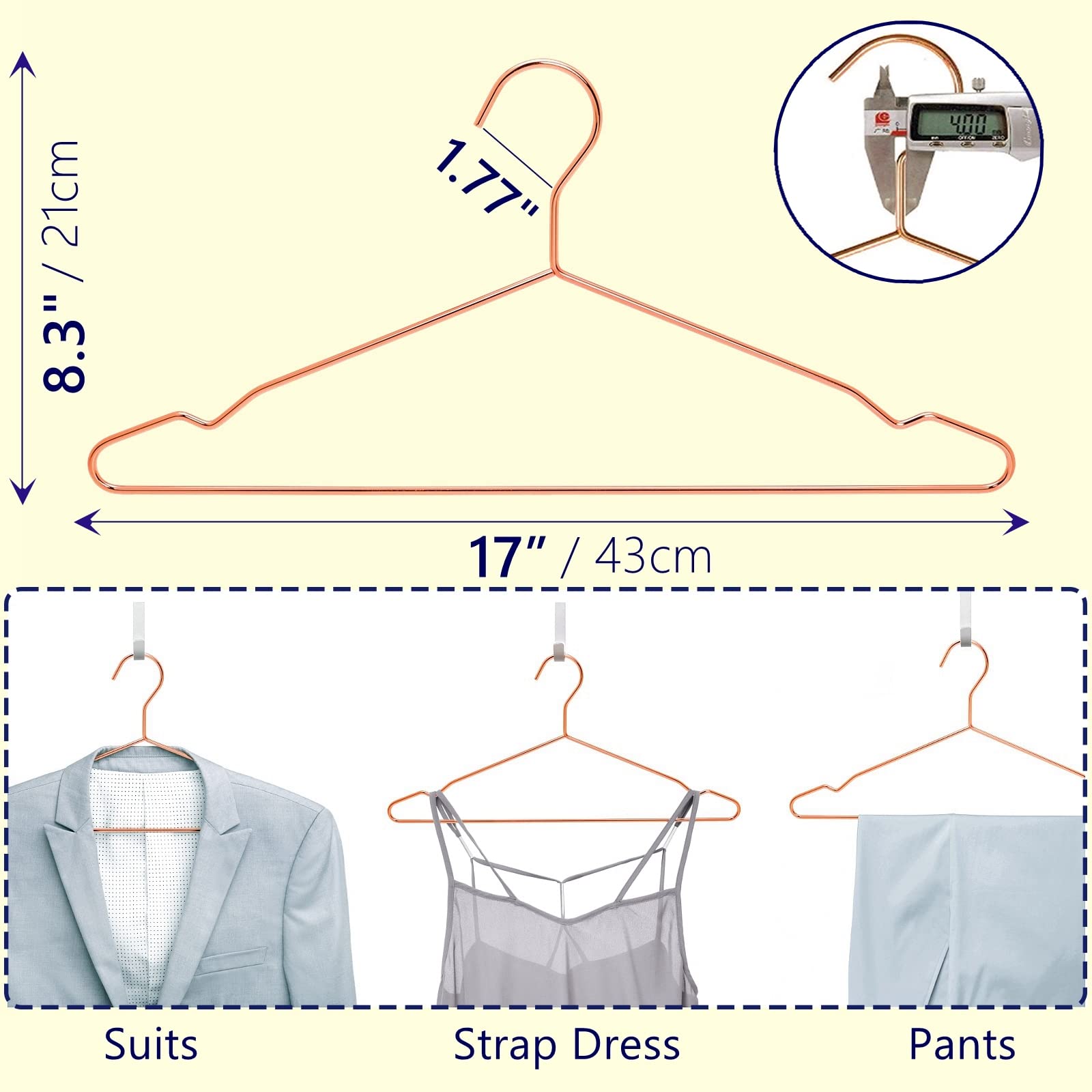 Amber Home 17'' Rose Gold Strong Metal Hanger 30 Pack, Copper Clothes Hangers, Heavy Duty Coat Hangers, Standard Suit Hangers Fo