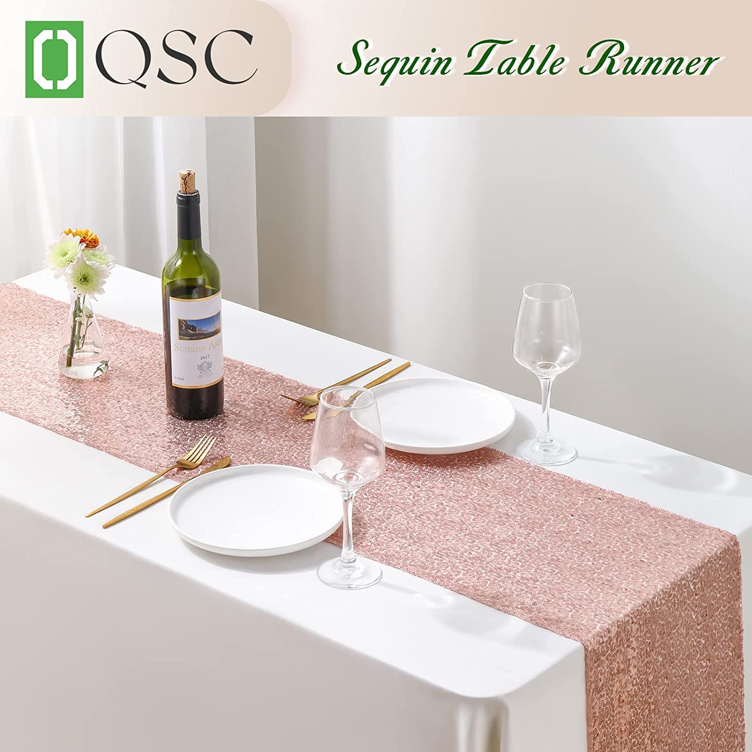 Oqsc Sequin Table Runners 72 Inches Long Christmas Glitter Table Runner For Party, Wedding, Bridal Baby 2 Pcs, Rose Gold