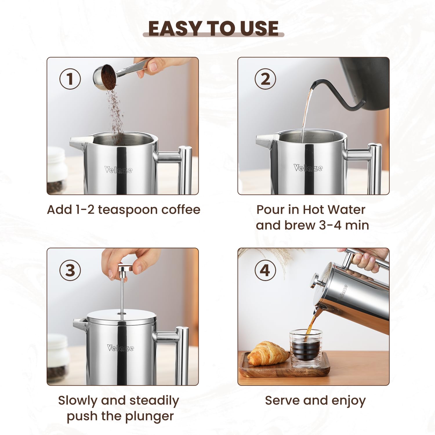 Velaze French Press Coffee Maker 34Oz, Double Wall Insulated French Coffee Press Stainless Steel, 1L Coffee Maker Included 4 Ext