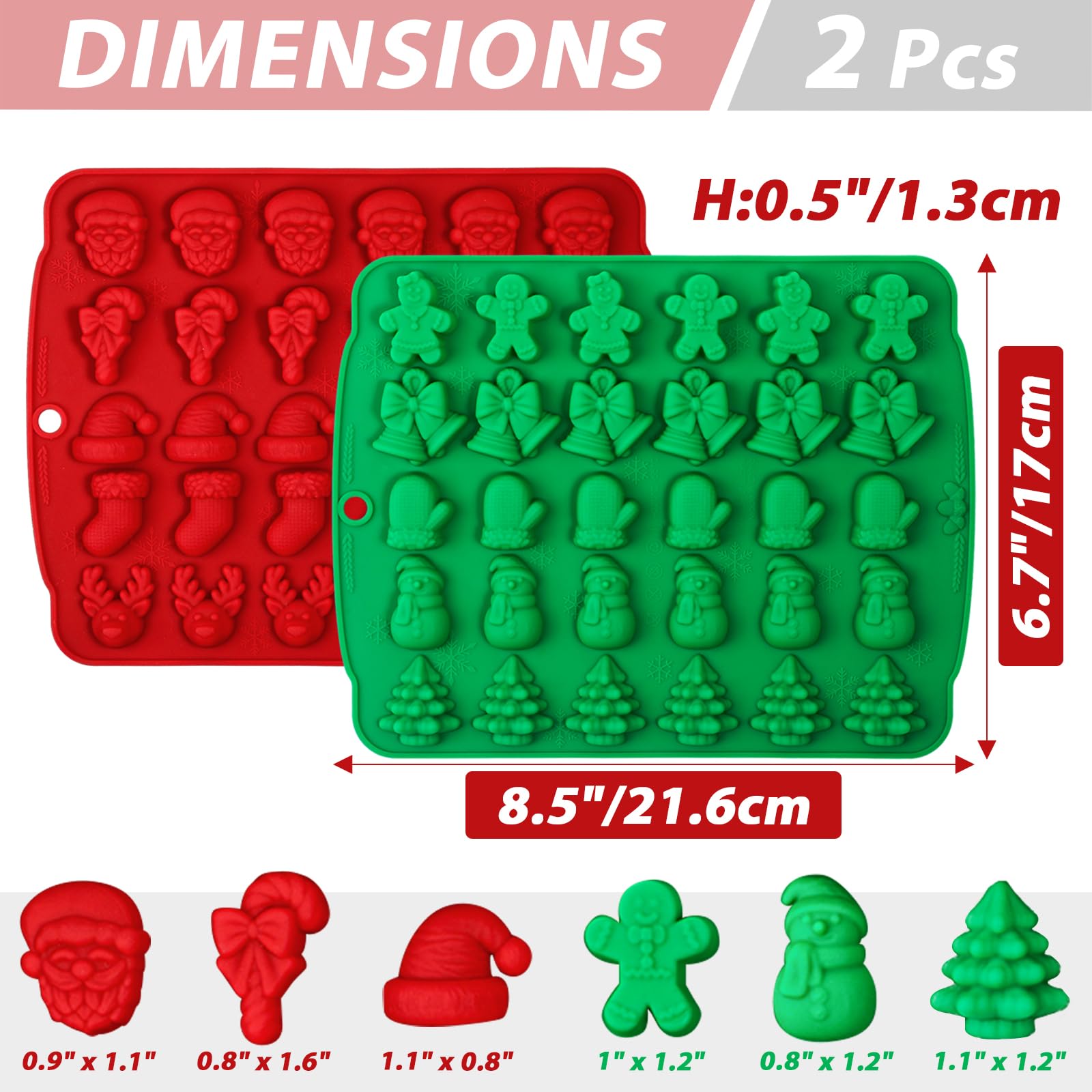 Kamehame Christmas Candy Molds, 2 Pcs 30 Cavity Christmas Gummy Molds, Silicone Christmas Chocolate Molds, Red & Green