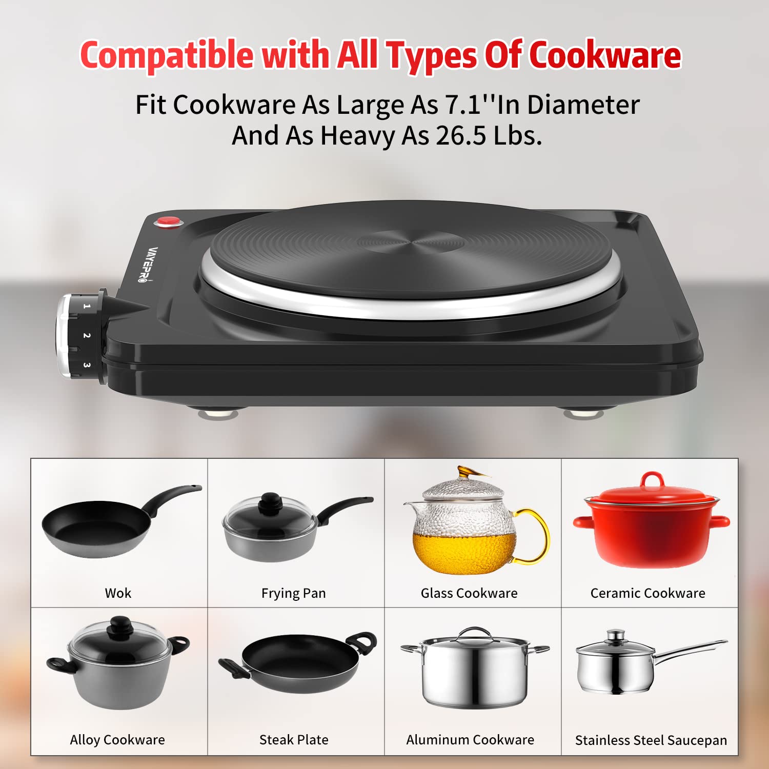 Vayepro Hot Plate, 1500W Portable Electric Stove, Single Electirc Cooktop,Portable Burner For Cooking, Cooktop For Dorm Office H