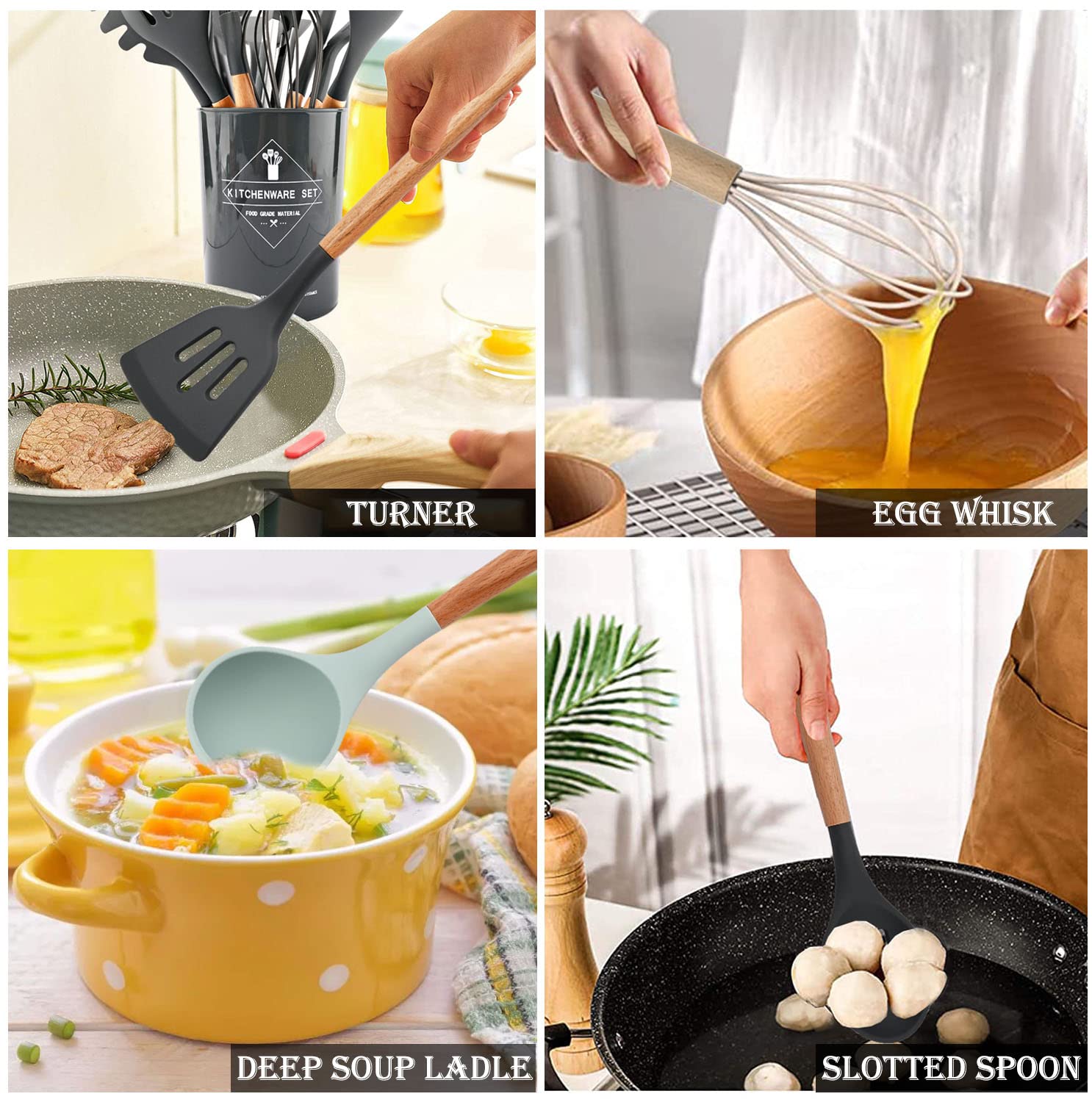Briiec 11Pcs White Silicone Cooking Utensil Set With Holder Storage Bucket, Nonstick Wooden Handle Silicone Kitchen Gadgets Uten
