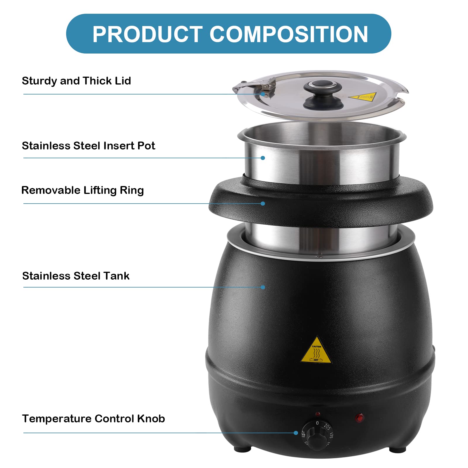 YBSVO 11 Qt. Round Black Countertop Food/Soup Kettle Warmer - 120V  400W