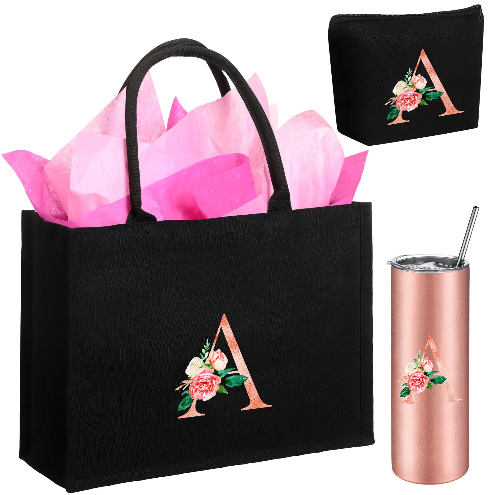 Huhumy Initial Canvas Tote Bag For Women Personalized Birthday Gift Tote Bag Makeup Bag Monogram Initial Tumbler For Women(A)