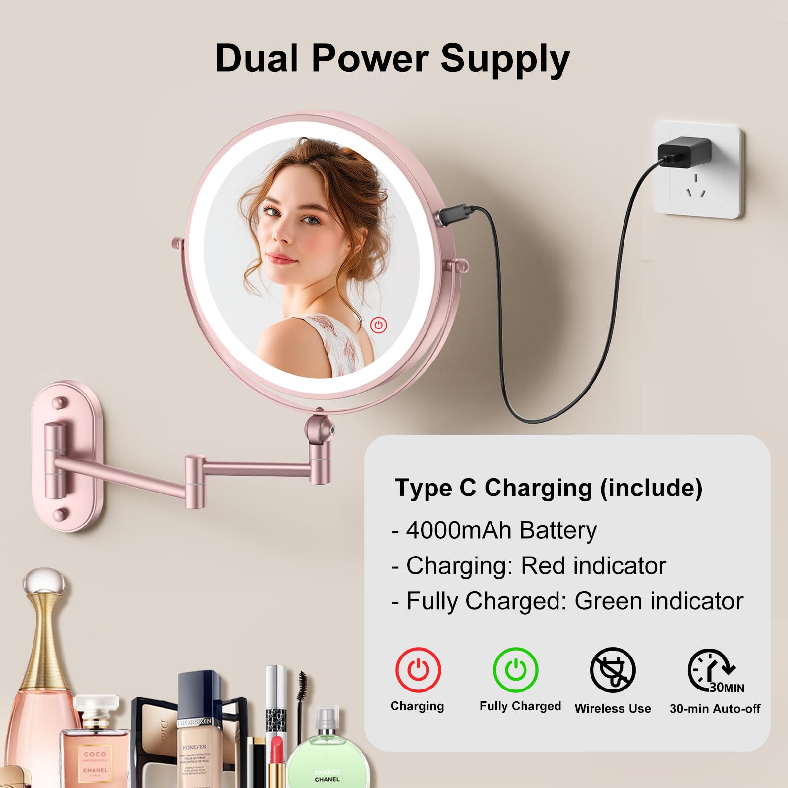 Imikona 9'' Wall Mounted Lighted Makeup Mirror,4000Mah Rechargeable Double Sided 1X/10X Magnifying Mirror With Light,3 Color Lig