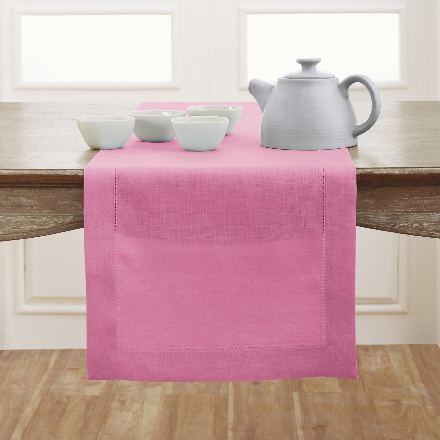 Solino Home Linen Flamingo Pink Table Runner 60 Inch - 100% Pure Linen Classic Hemstitch Short Table Runner 14 X 60 Inch Ideal F