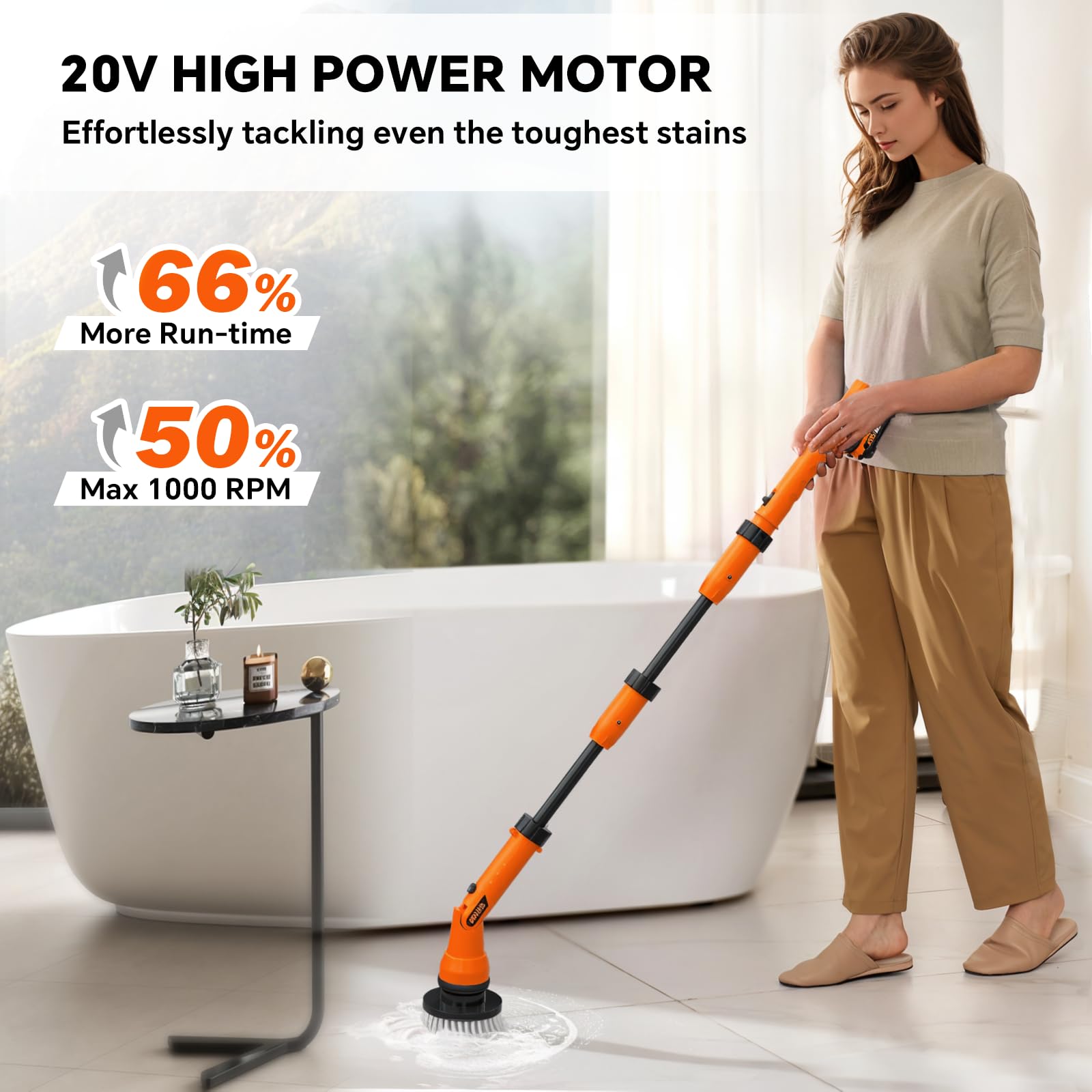 1000RPM Electric Spin Scrubber  20V Cordless Cleaning Brush with Adjustable Extension Arm  4 Replaceable Cleaning Heads  Hook and Gloves  1 Hour Fast Charge  Waterproof - for Bathroom/Tub/Tile/Floor
