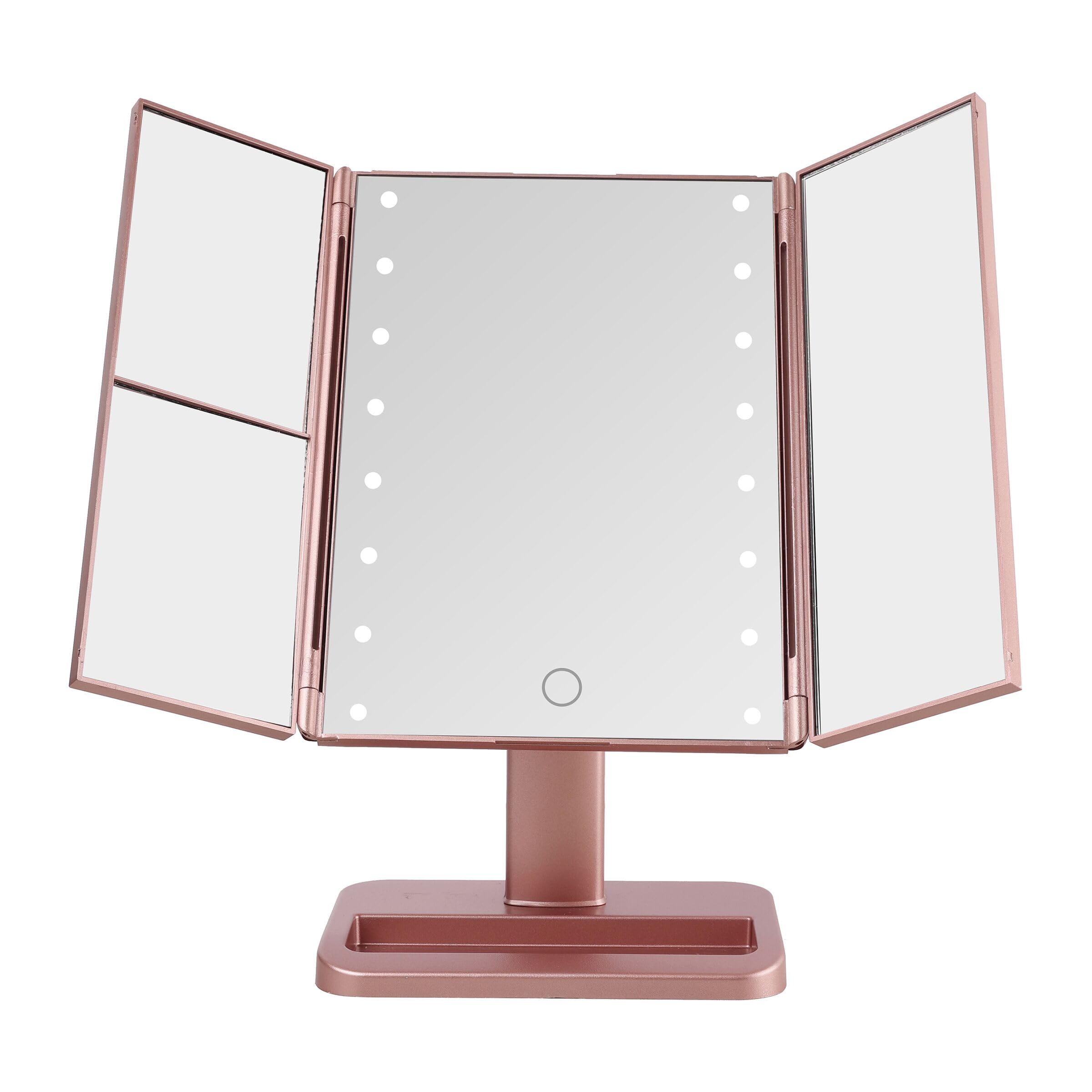 Melannco 7.09X4.69X11.61 Inch Rose Gold Tri Fold Led Vanity Mirror, 3 Magnifications And Dimmable Led Lights