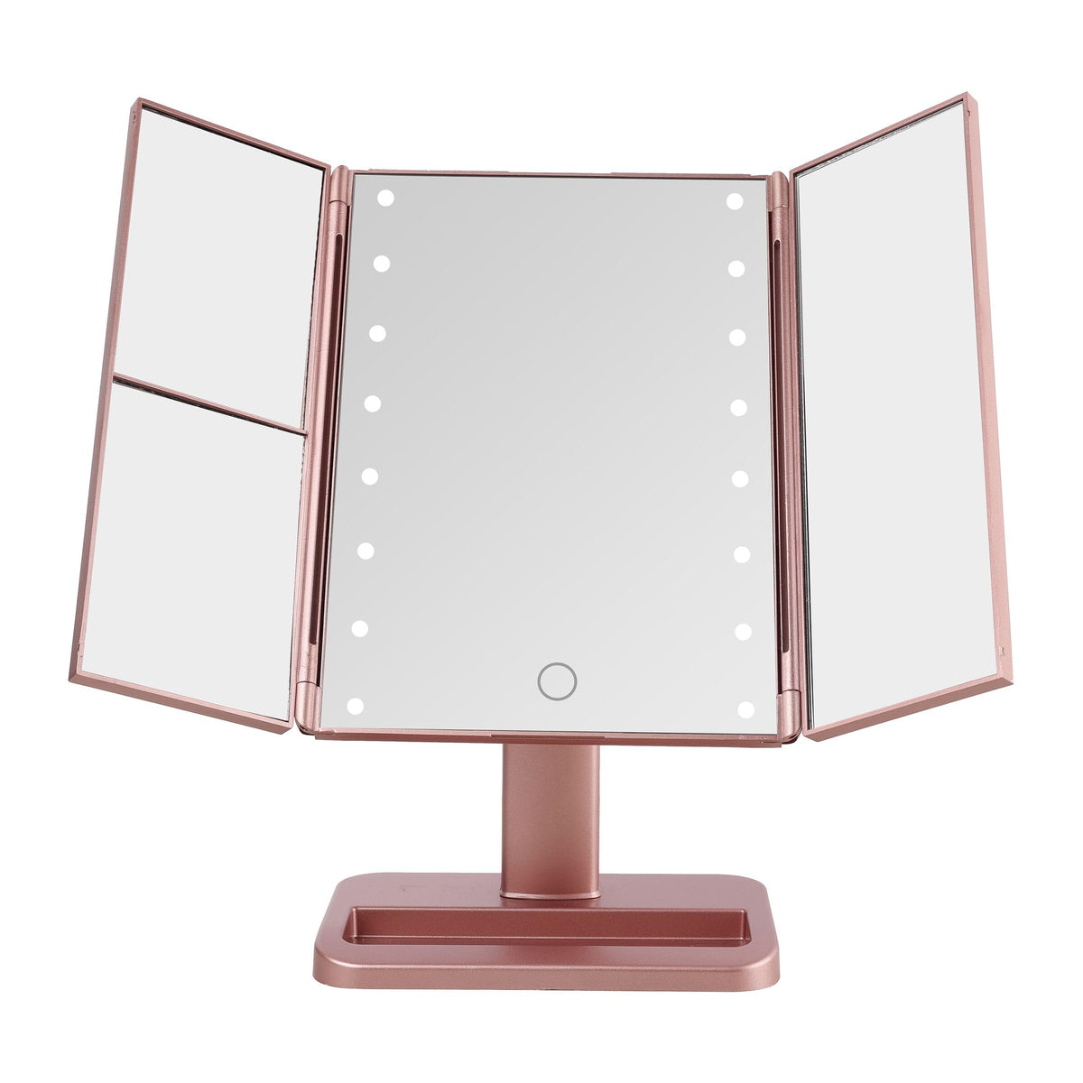Melannco 7.09X4.69X11.61 Inch Rose Gold Tri Fold Led Vanity Mirror, 3 Magnifications And Dimmable Led Lights