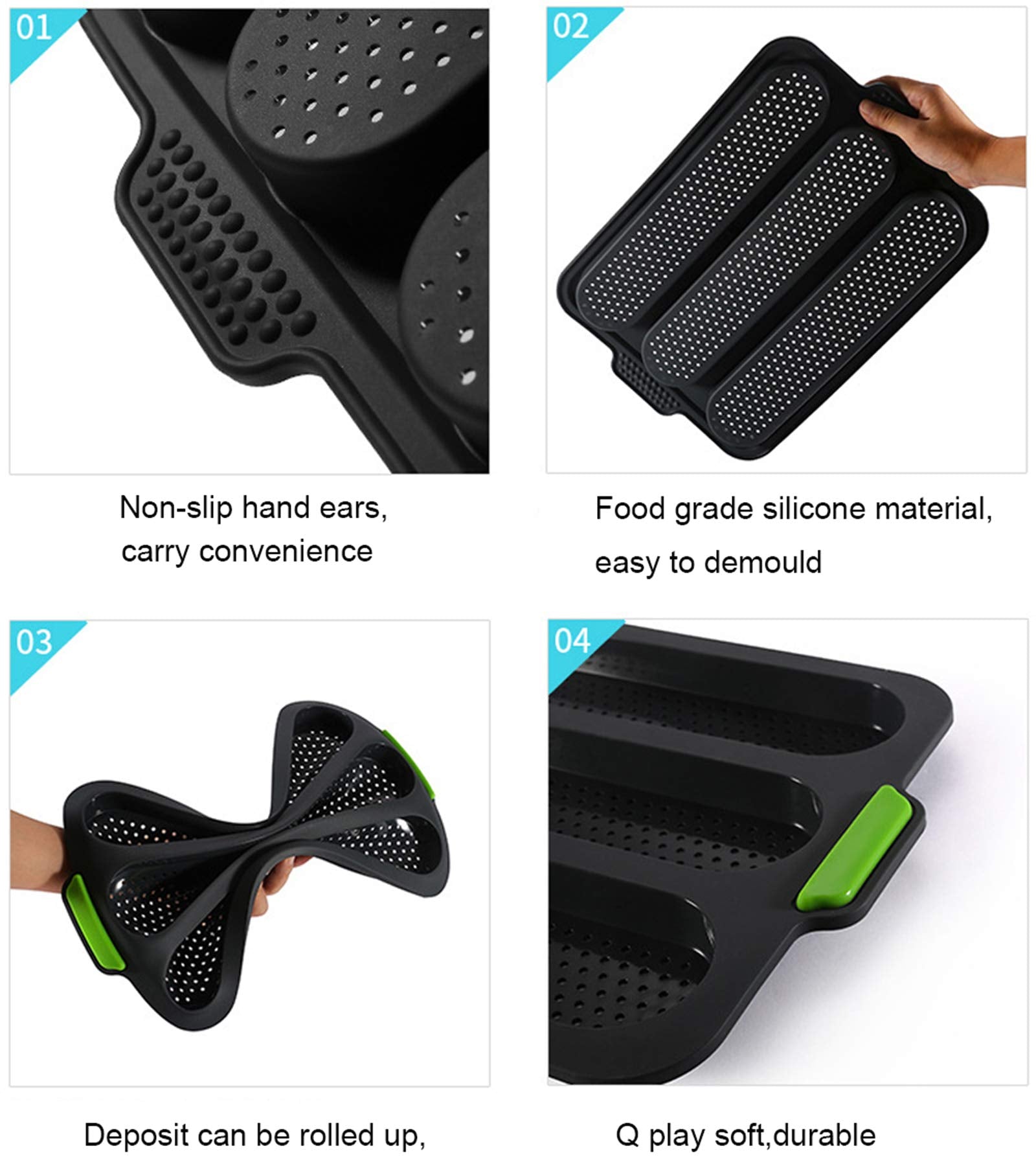 W Wbld Silicone Baguette Pan,Nonstick 3 Wave Loaves French Toast Bread Baking Tray Bake Mold, Perforated Silicone Molds Loaf Pan
