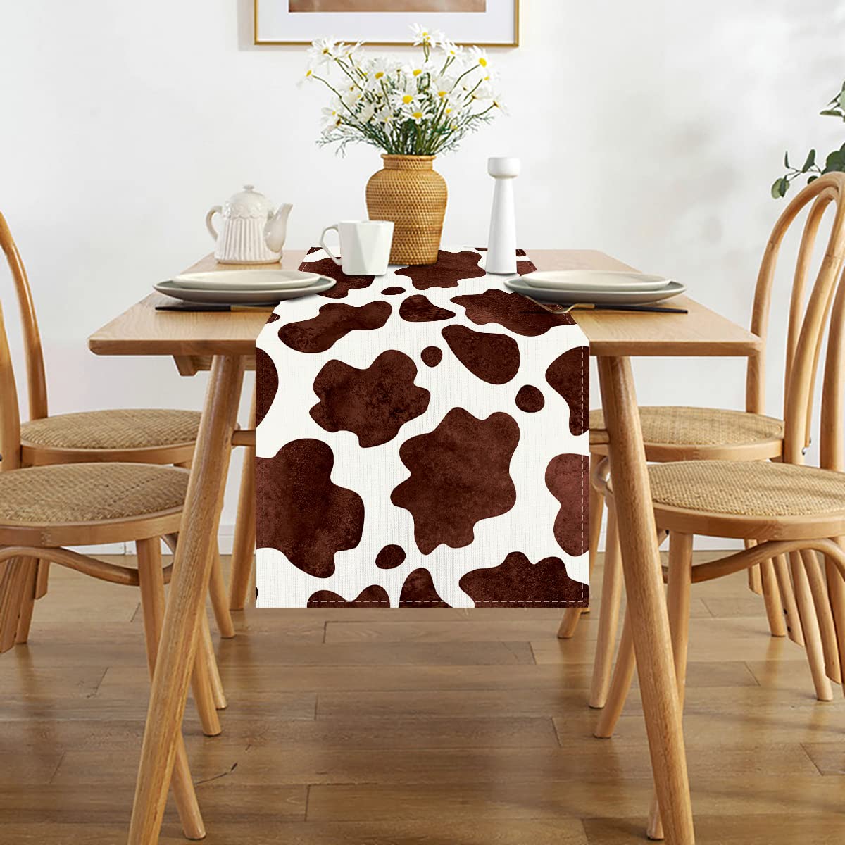 Linen Watercolor Cow Print Table Runner 72 Inches Long Cowhide Tablecloth Farm House Barnyard Animals Western Party Home Kitchen
