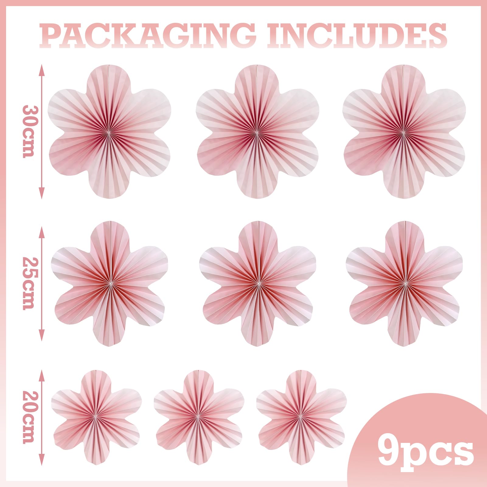 SUNBEAUTY 9 PCS Pink and Cherry Blossom Party Decorations Pink Paper Fans Decor Sunset Party Floral Backdrop Decoration Hanging