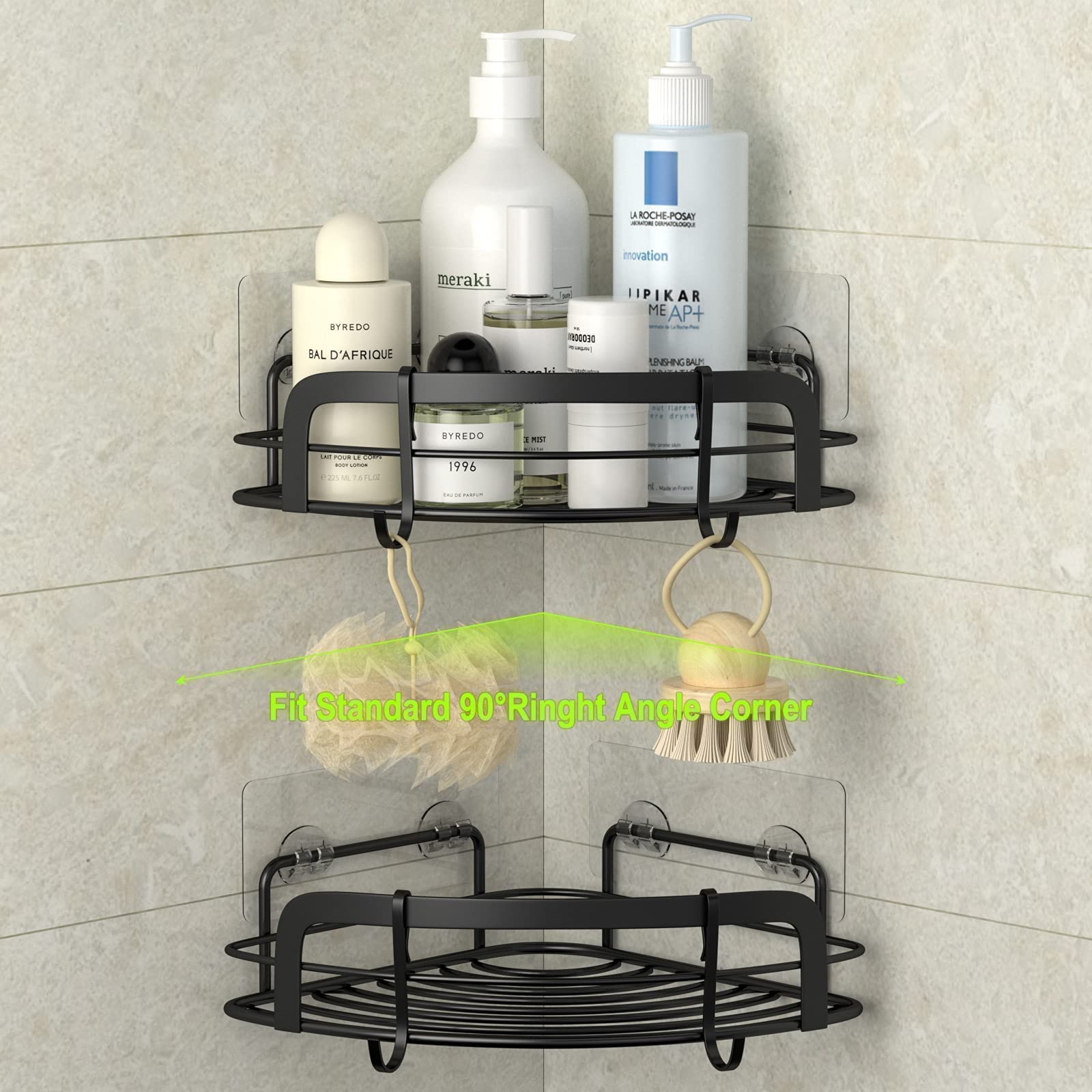 Steugo Black Bathroom Corner Shower Shelfs, Adhesive Wall Mounted Shower Caddy With 4 Movable Hooks, Rustproof Stainless Steel B