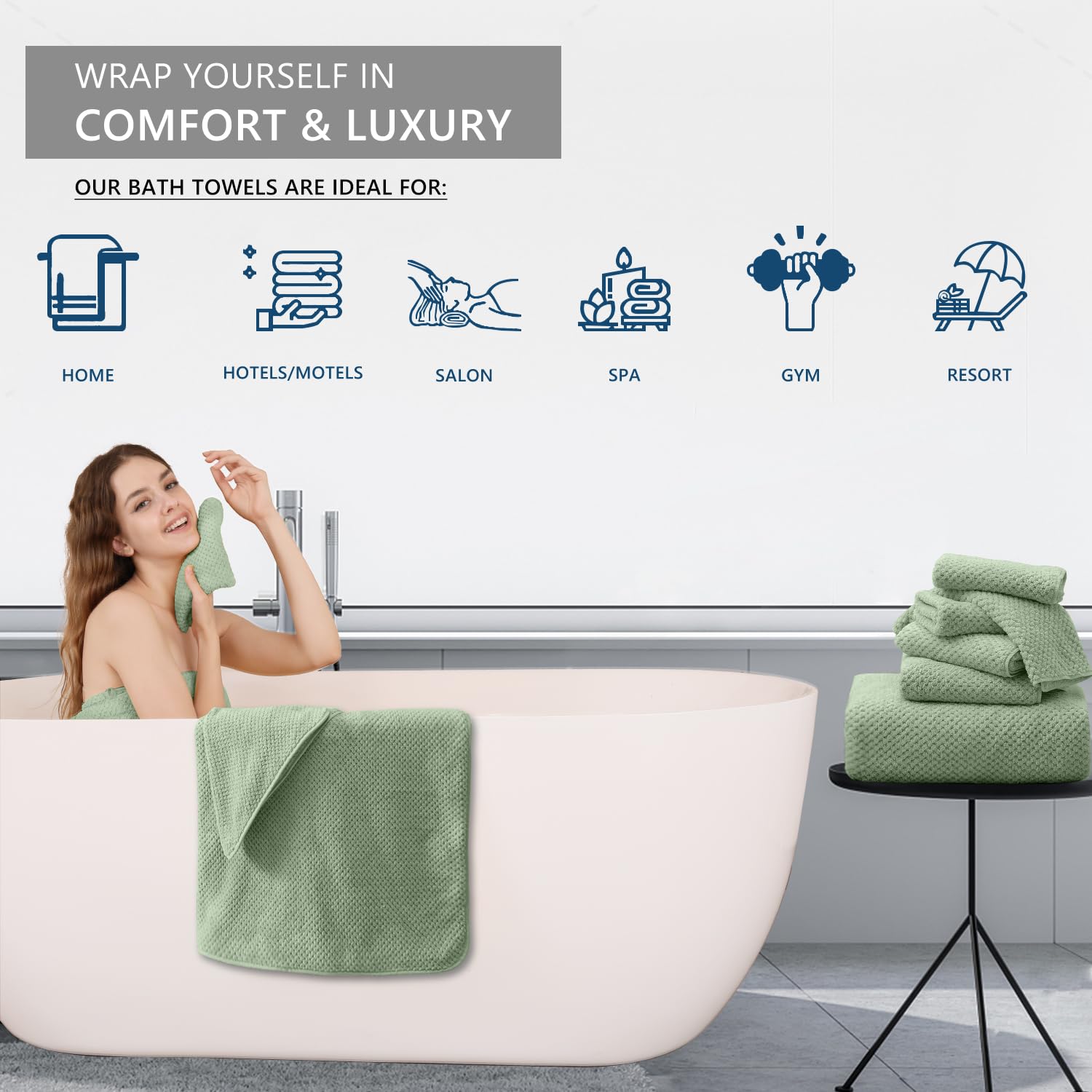 Bathroom Towel Set Green 4 Pack-35x70 Towel 600GSM Ultra Soft Microfibers Bath Towel Set Extra Large Plush Bath Sheet Towel Highly Absorbent Quick Dry Oversized Towels Spa Hotel Luxury Shower Towels