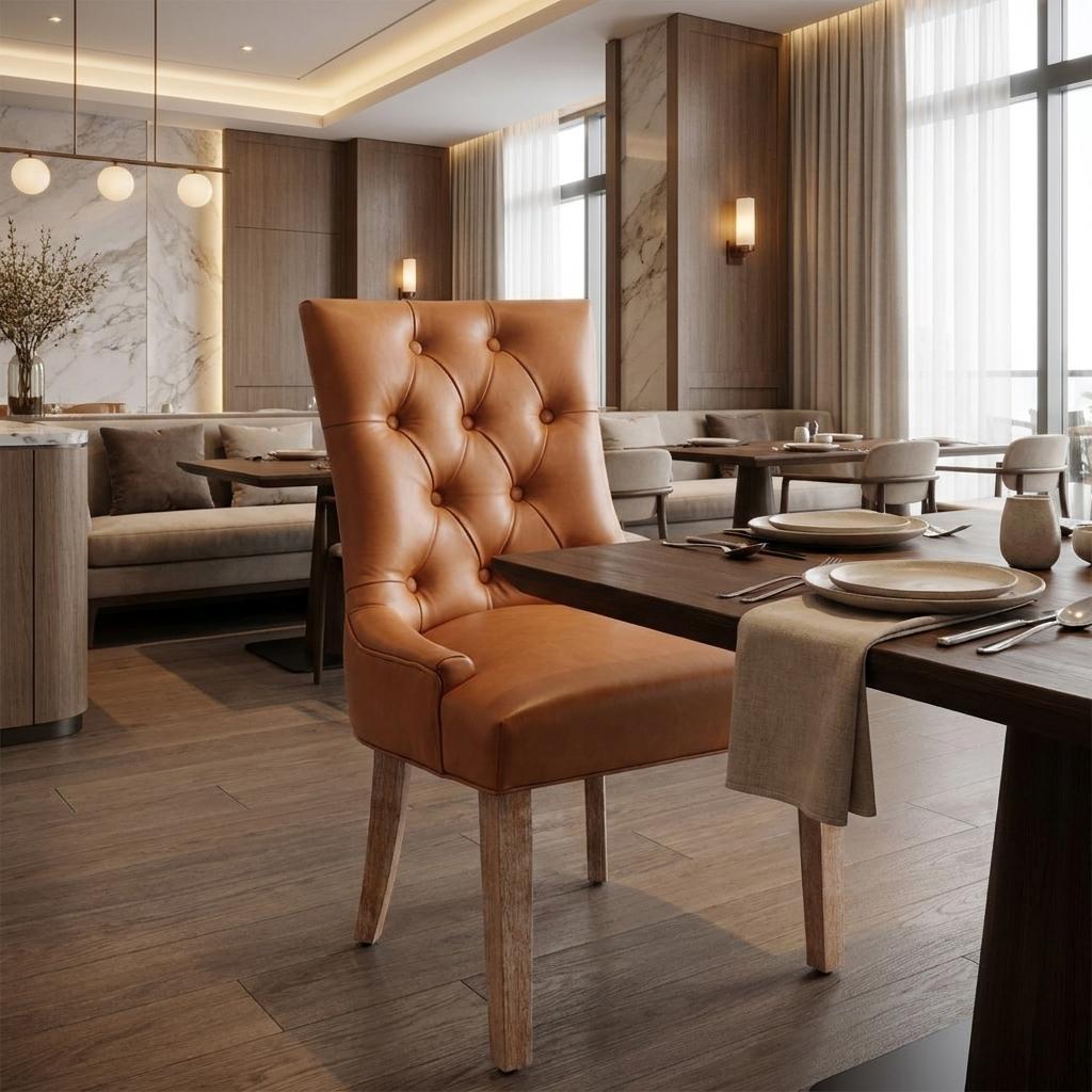 Brown And Natural Tufted Faux Leather And Wood Dining Side Chair