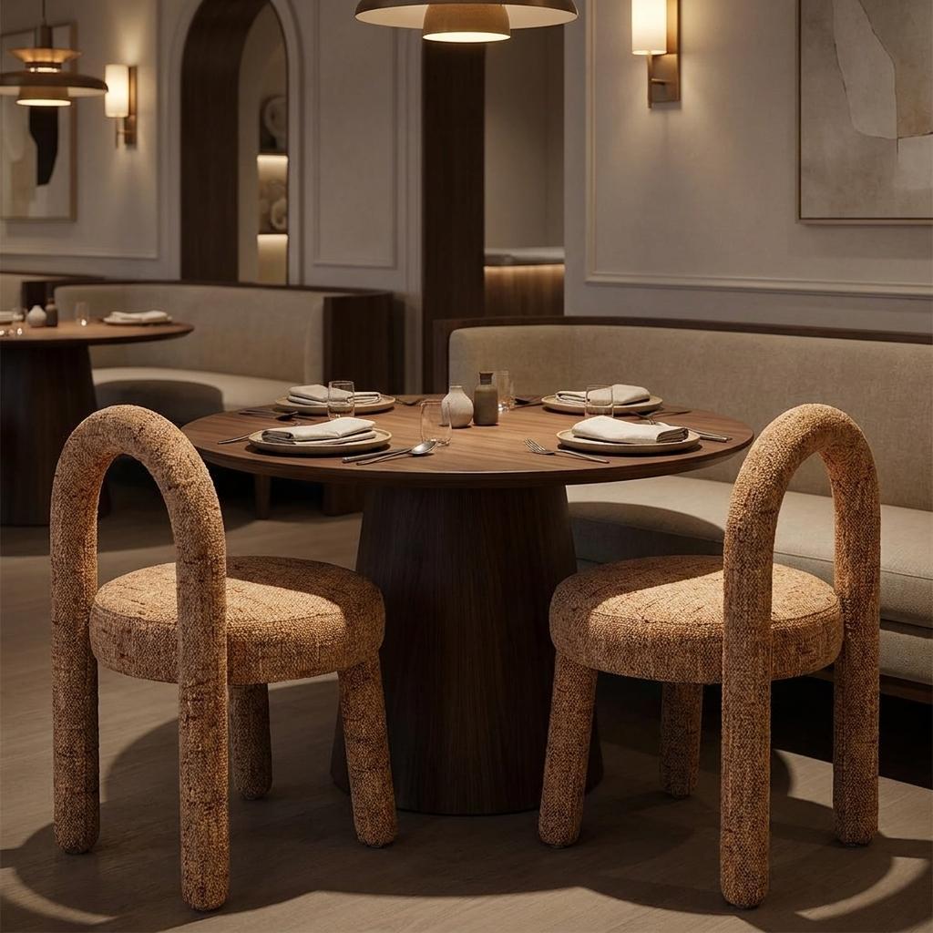 Set of Two Brown Chenille And Solid Wood Open Back Dining Side Chairs