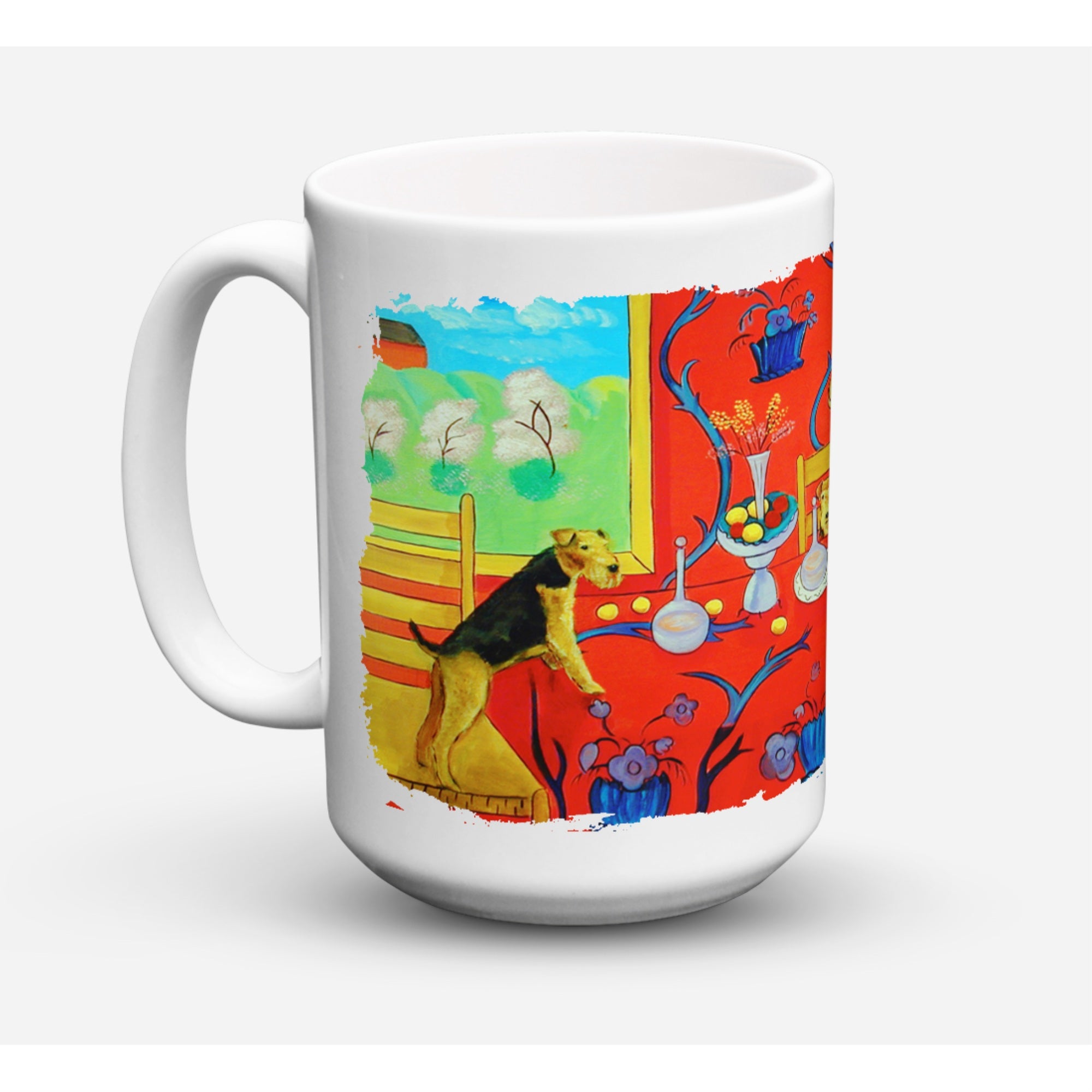 Carolines Treasures 7212CM15 Airedale Terrier With Lady In The Kitchen Microwavable Ceramic Coffee Mug 15 oz Multicolor