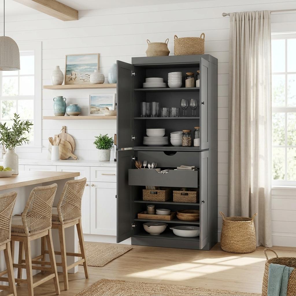 72 Gray Solid Wood Four Door Two Drawer Pantry Or Storage Closet