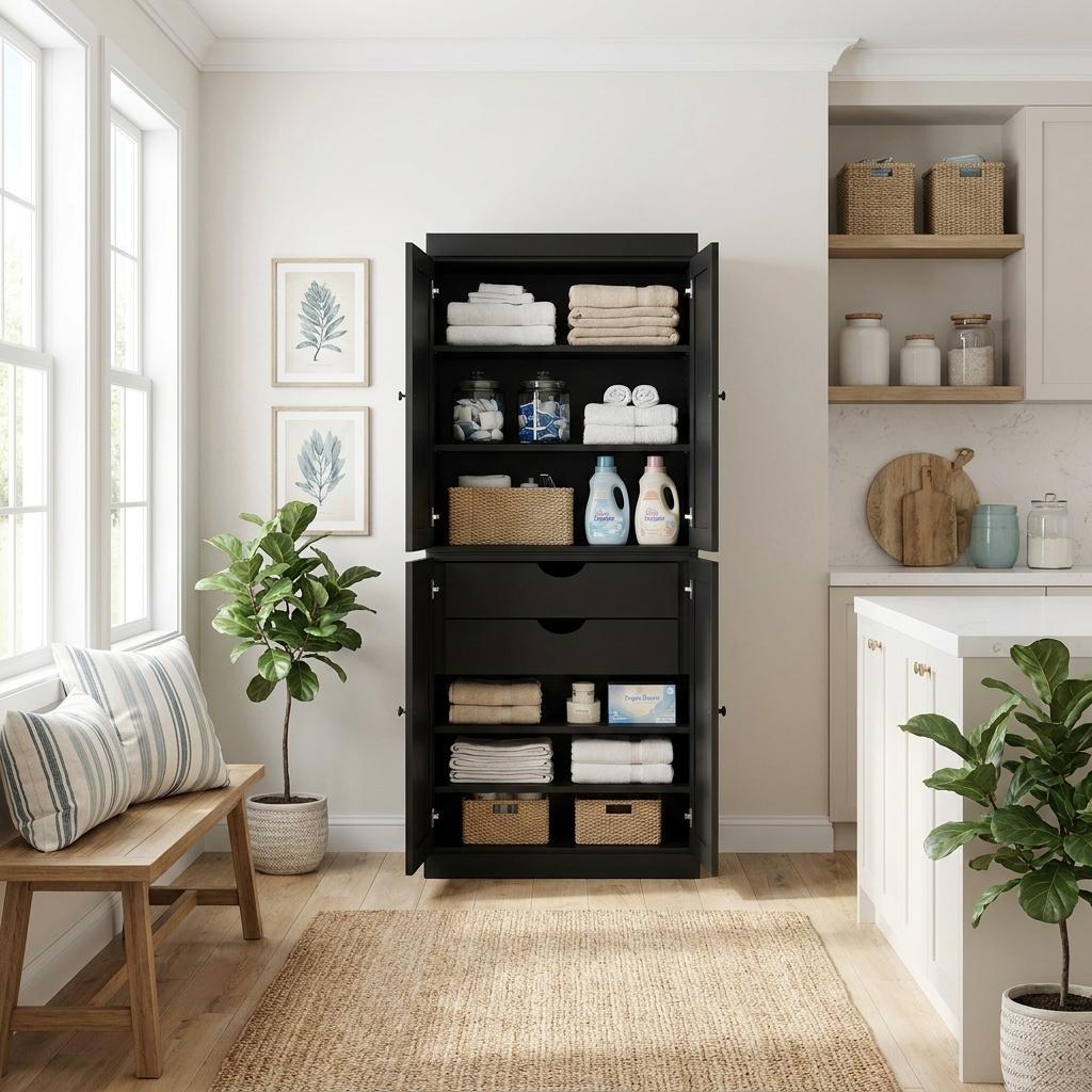 72 Black Solid Wood Four Door Two Drawer Pantry Or Storage Closet