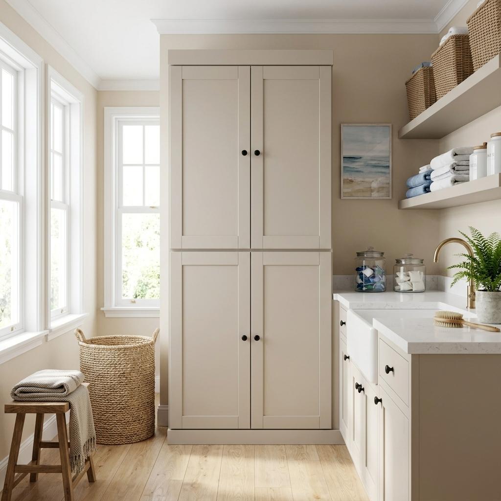 72 Beige Solid Wood Four Door Two Drawer Pantry Or Storage Closet