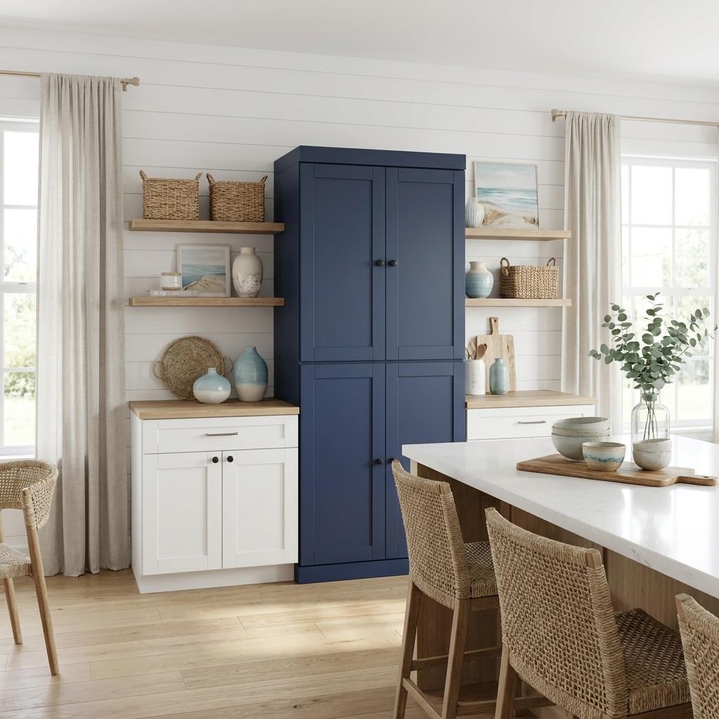 72 Navy Blue Solid Wood Four Door Two Drawer Pantry Or Storage Closet