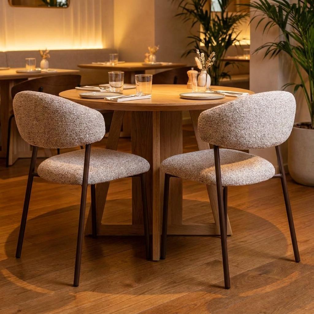 Set of Two Cloud And Brown Faux Shearling And Wood And Steel Open Back Dining Side Chairs