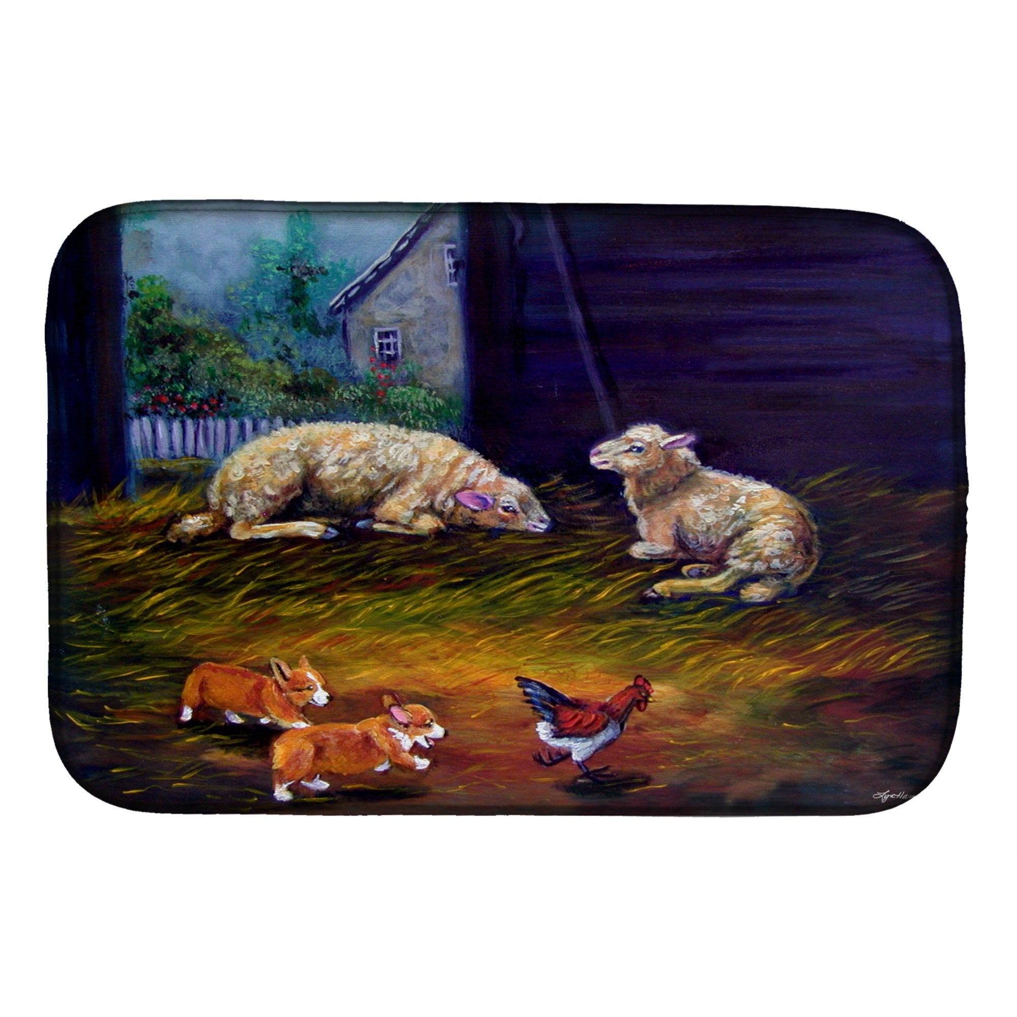 Carolines Treasures Corgi Chaos In The Barn With Sheep Dish Drying Mat 14 x 21 Multicolor