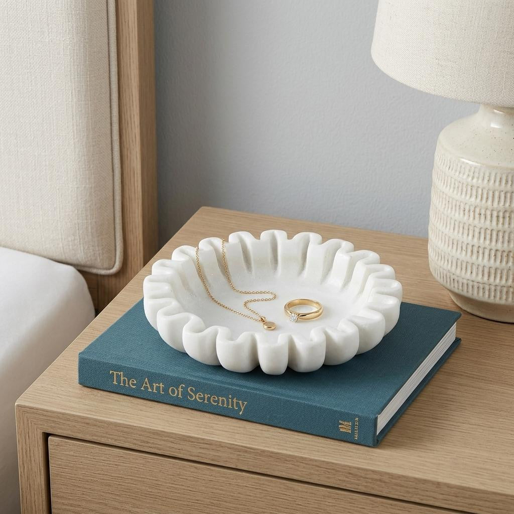 6 White Marble Handmade Scalloped Trinket Tray