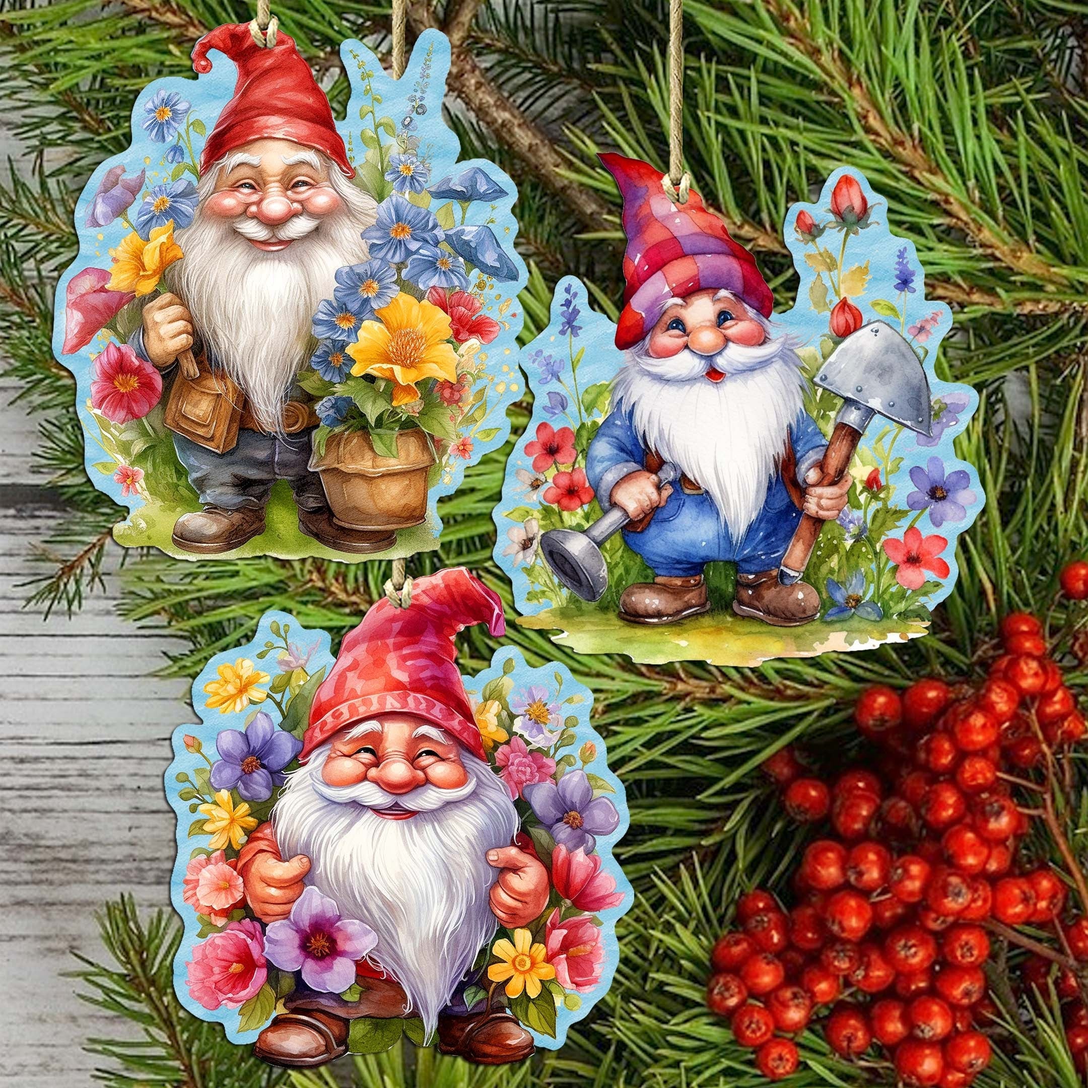 Garden Gnomes Decorative Eco Wood Ornaments Set of 3 by G. Debrekht - Spring Easter Decor - 8091030-S3