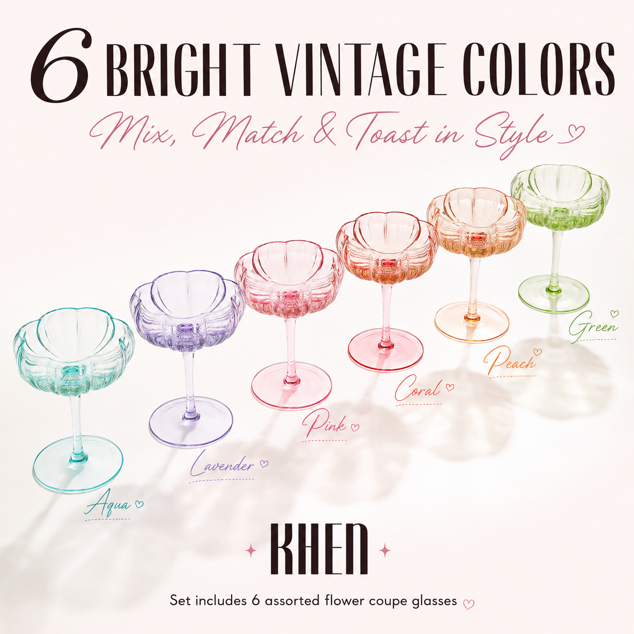 Flower Coupe Cocktail Glasses | Set of 6 | Bright Colors