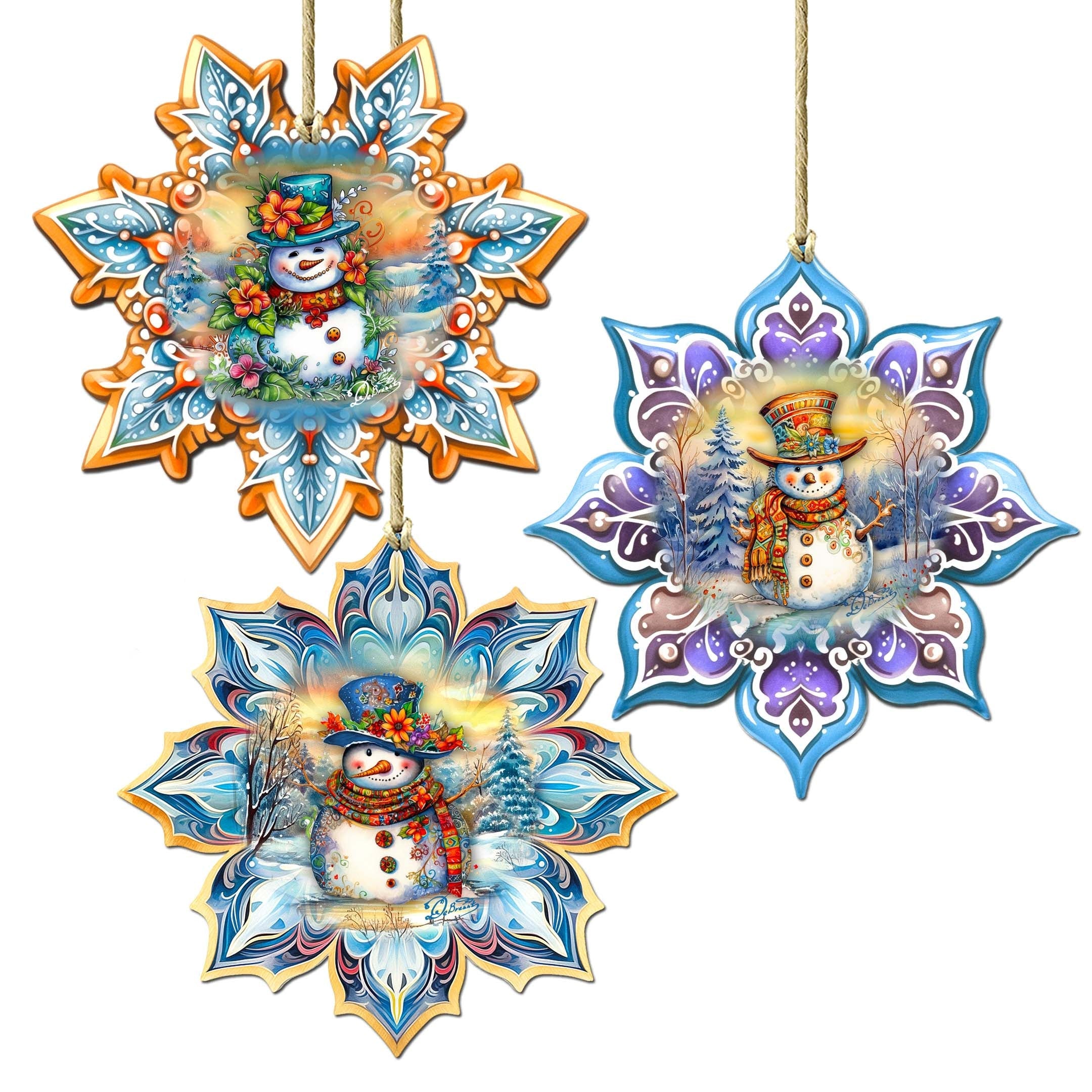 Happy Snowman Snowflake Eco Wood Ornaments Set of 3 by G. Debrekht - Christmas Decor - 8090149-S3