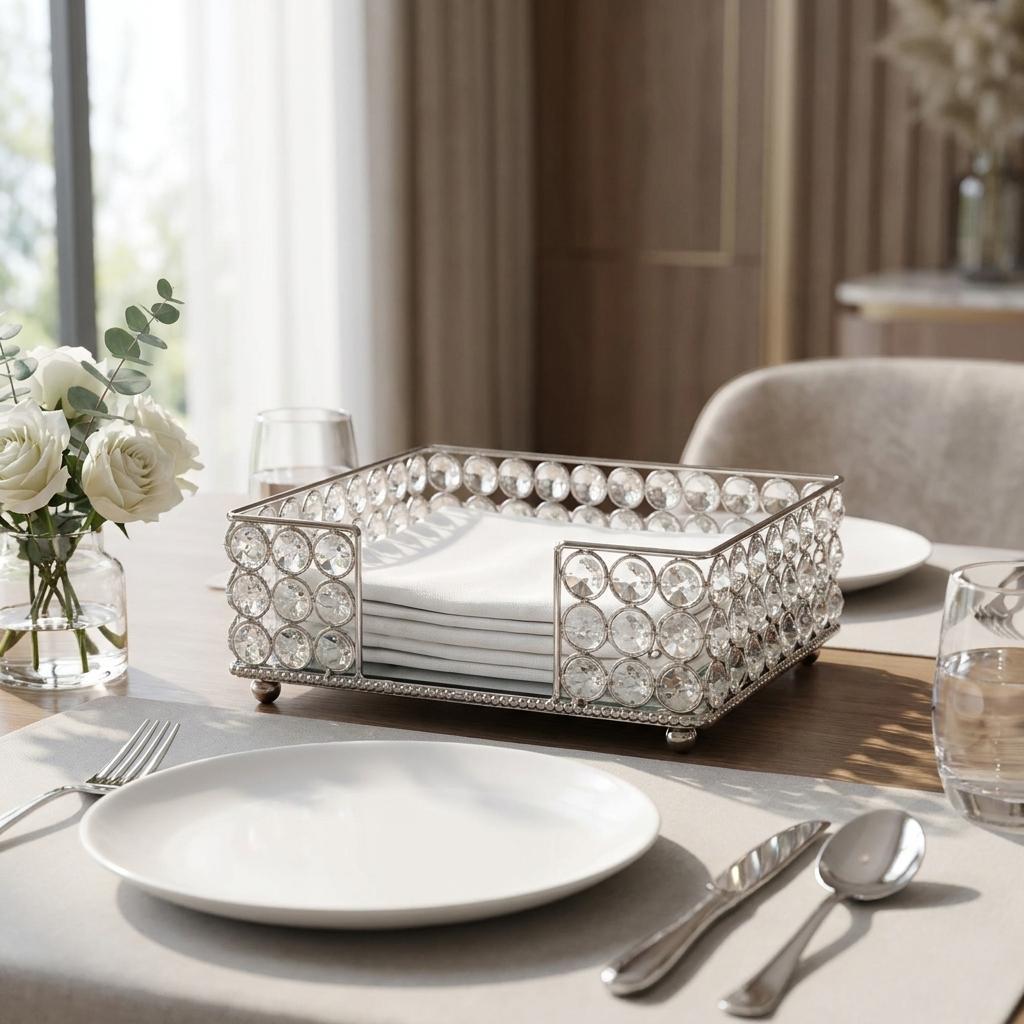 8 Silver Iron And Crystal Square Napkin Holder