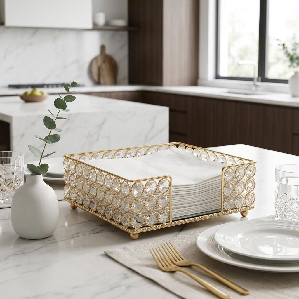 8 Gold Iron And Crystal Square Napkin Holder