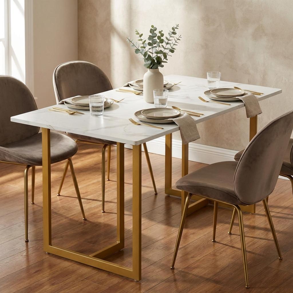 55 White And Gold Faux Marble And Iron Sled Base Dining Table