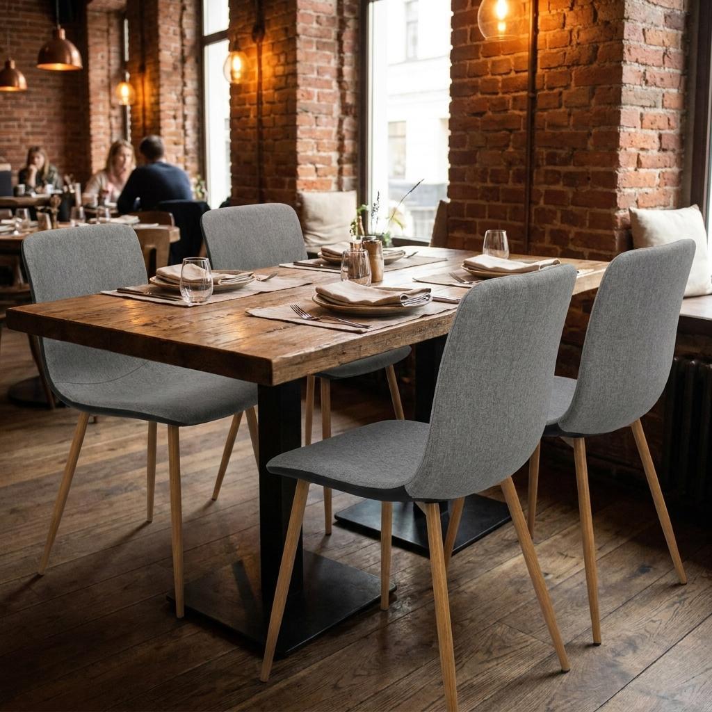 Set of Four Gray And Black Fabric And Faux Leather Dining Side Chairs