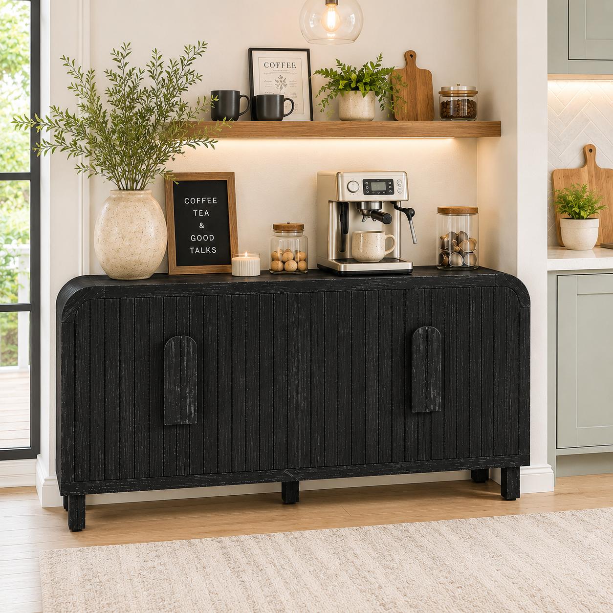 59 Black Distressed Wood Paneled Sideboard With Four Doors