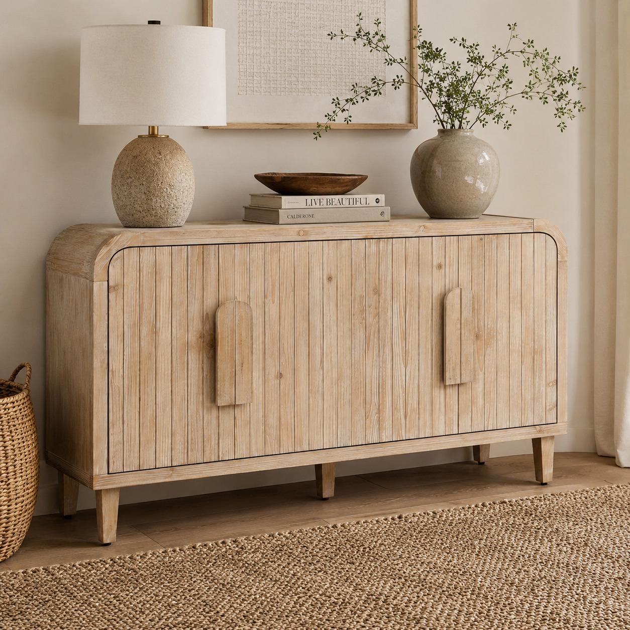 59 Natural And White Distressed Wood Paneled Sideboard With Four Doors
