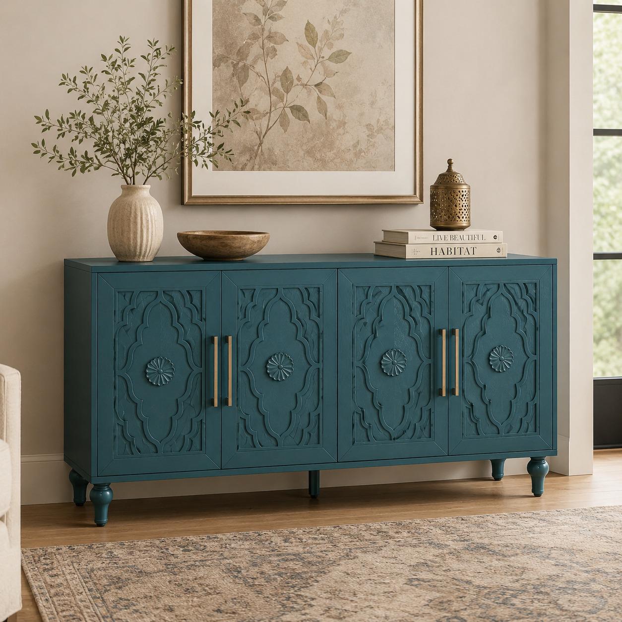 63 Teal Blue Wood Carved Scrollwork Sideboard With Four Doors