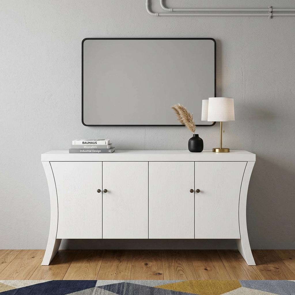 59 White Wood Curved Edge Sideboard With Four Doors