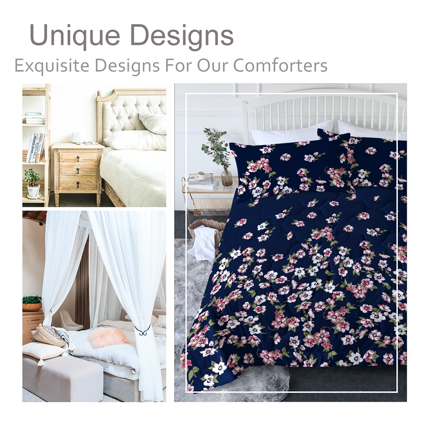3pc Dark Blue Floral Bedding Comforter Set Including 1 Comforter Set And 2 Pillowcases Suitable For All Seasons
