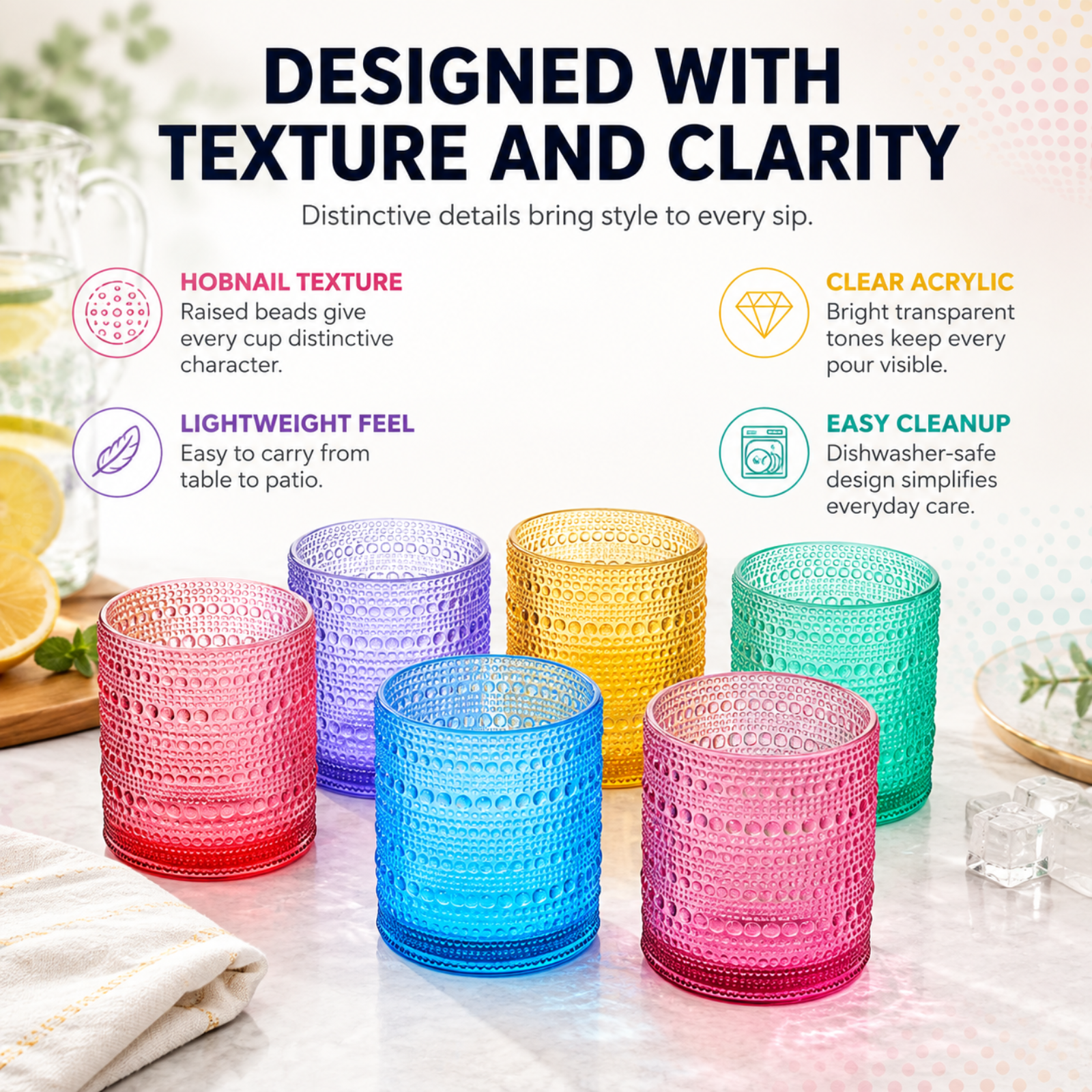Madrid Acrylic Lowball Hobnail Glassware, Set of 6