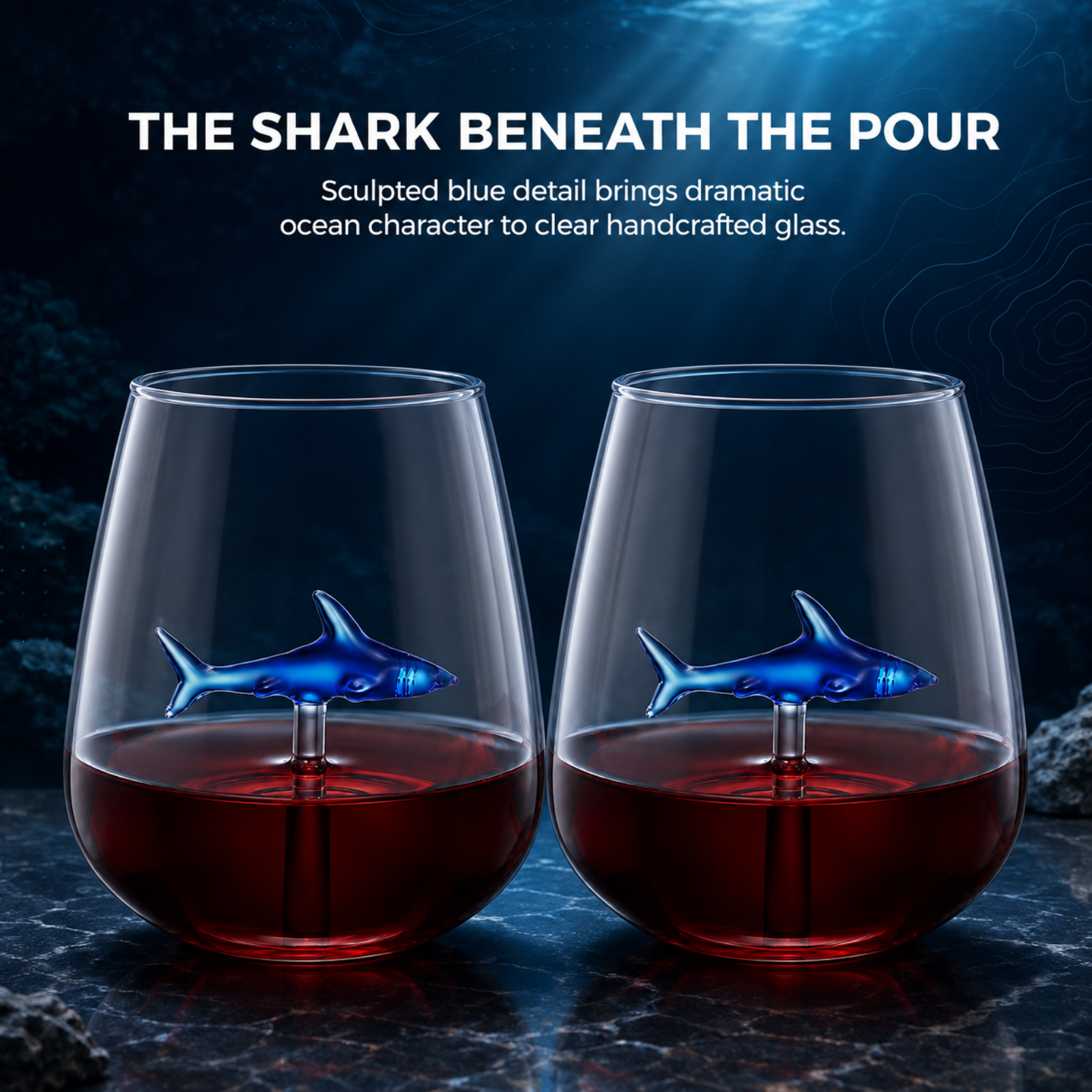 Handcrafted Stemless Shark Wine Glass - Personalized Set of 2