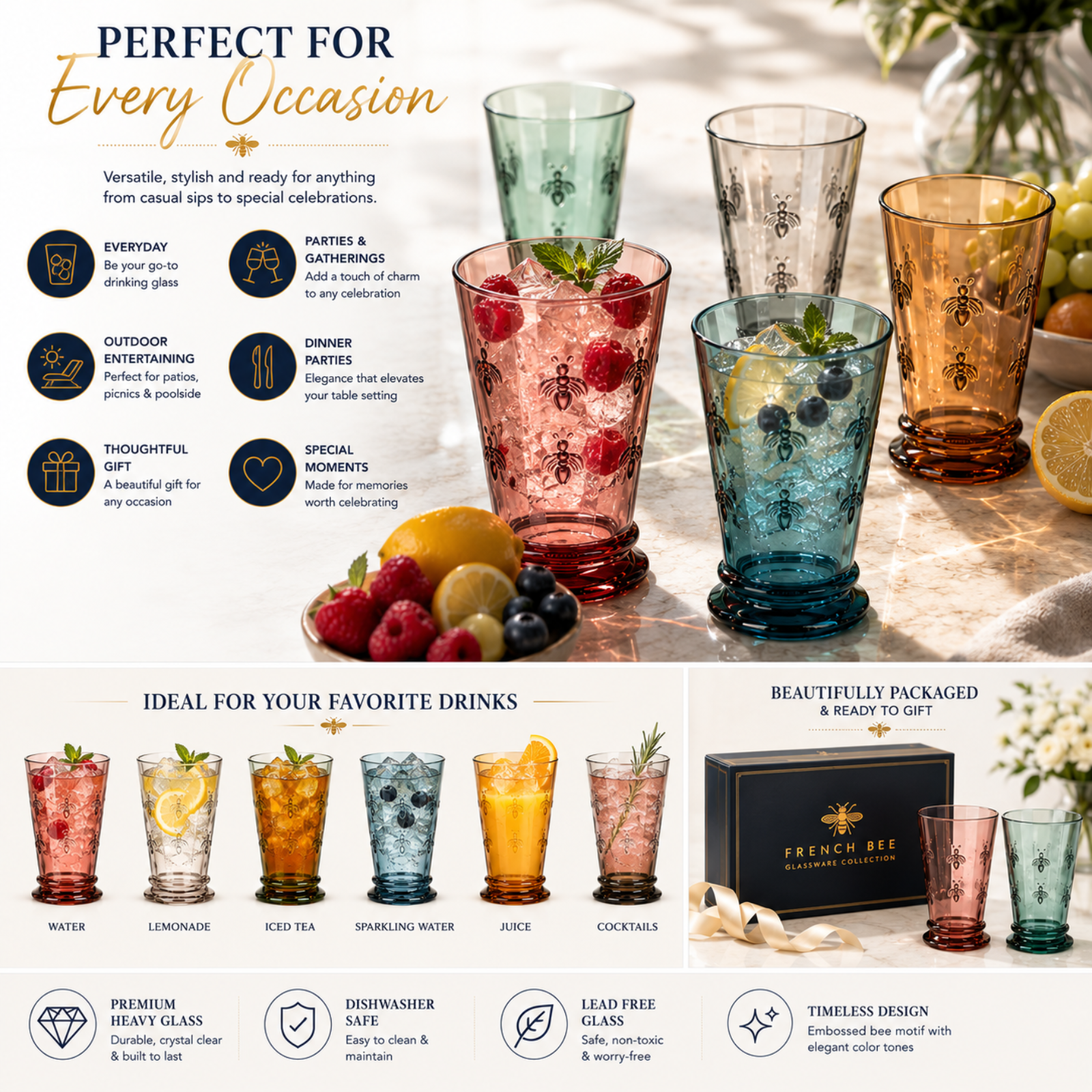 Tonal Highball Bee Glassware, Set of 6