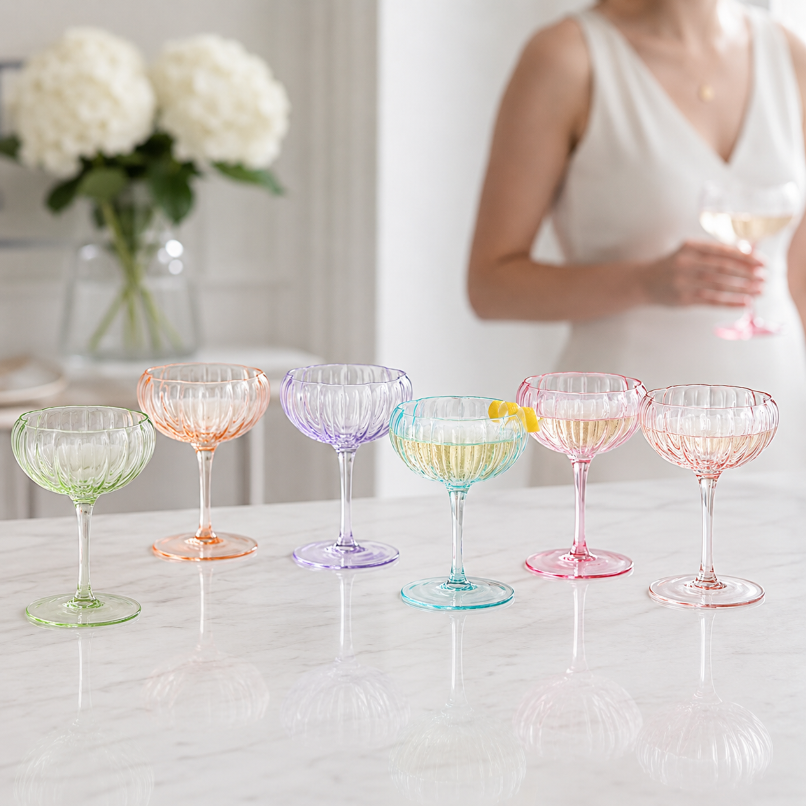 Flower Coupe Cocktail Glasses | Set of 6 | Bright Colors
